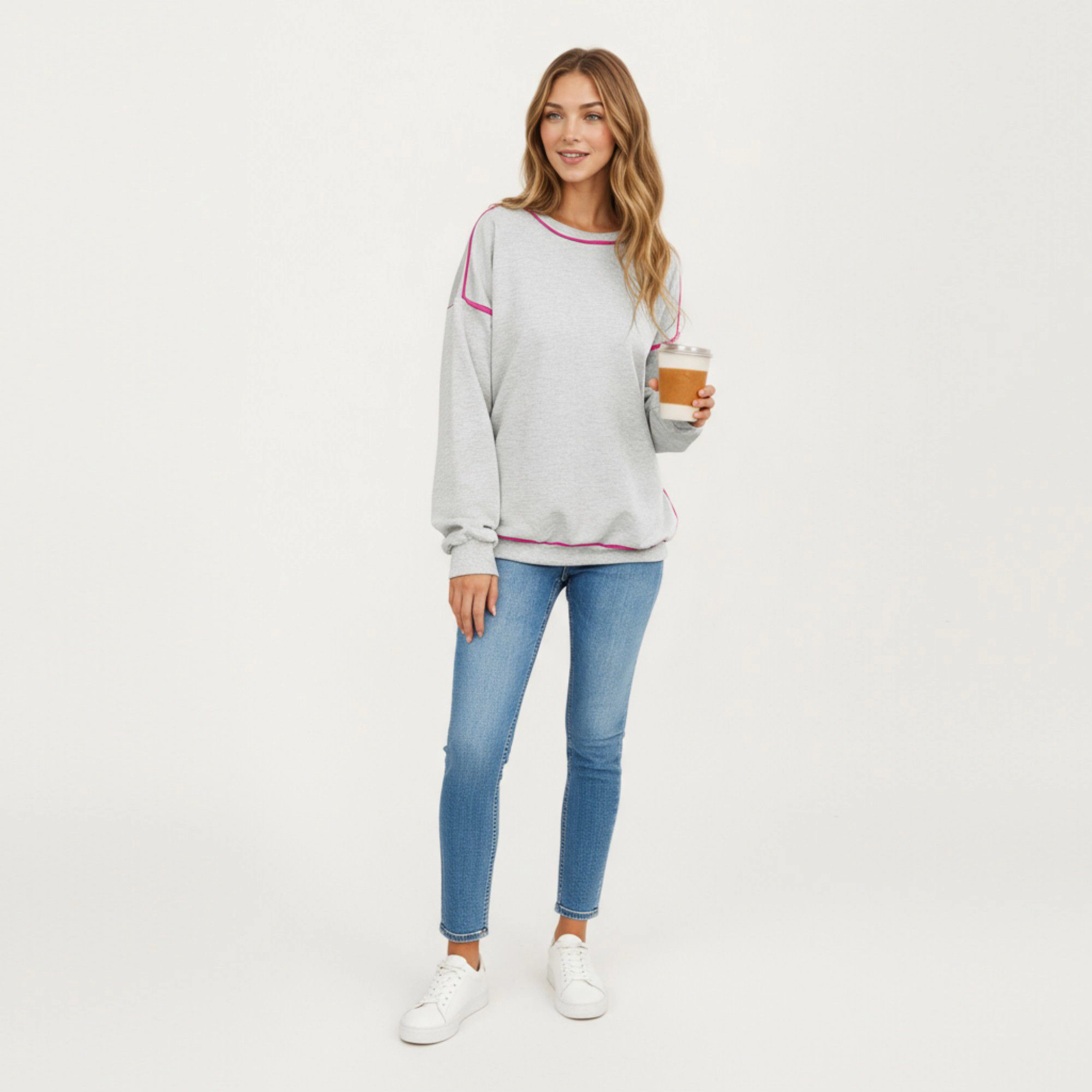 Anna-Kaci Women's Long Sleeve Crew Neck Pullover Sweatshirt with Contrast Piping Detail