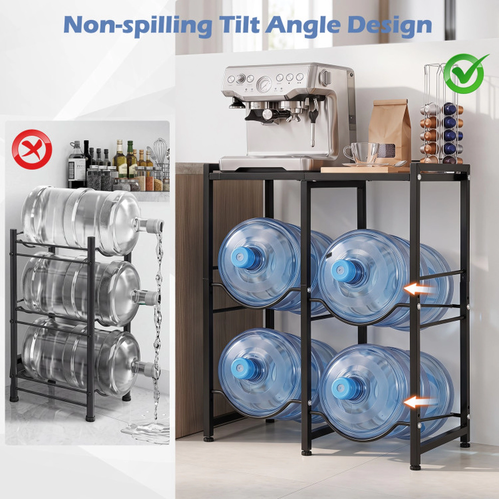 SUGIFT Space-Saving 4-Bottle 5 Gallon Water Jug Holder Metal Shelf Rack 44-lb Top Shelf Capacity 26-in Frame Black