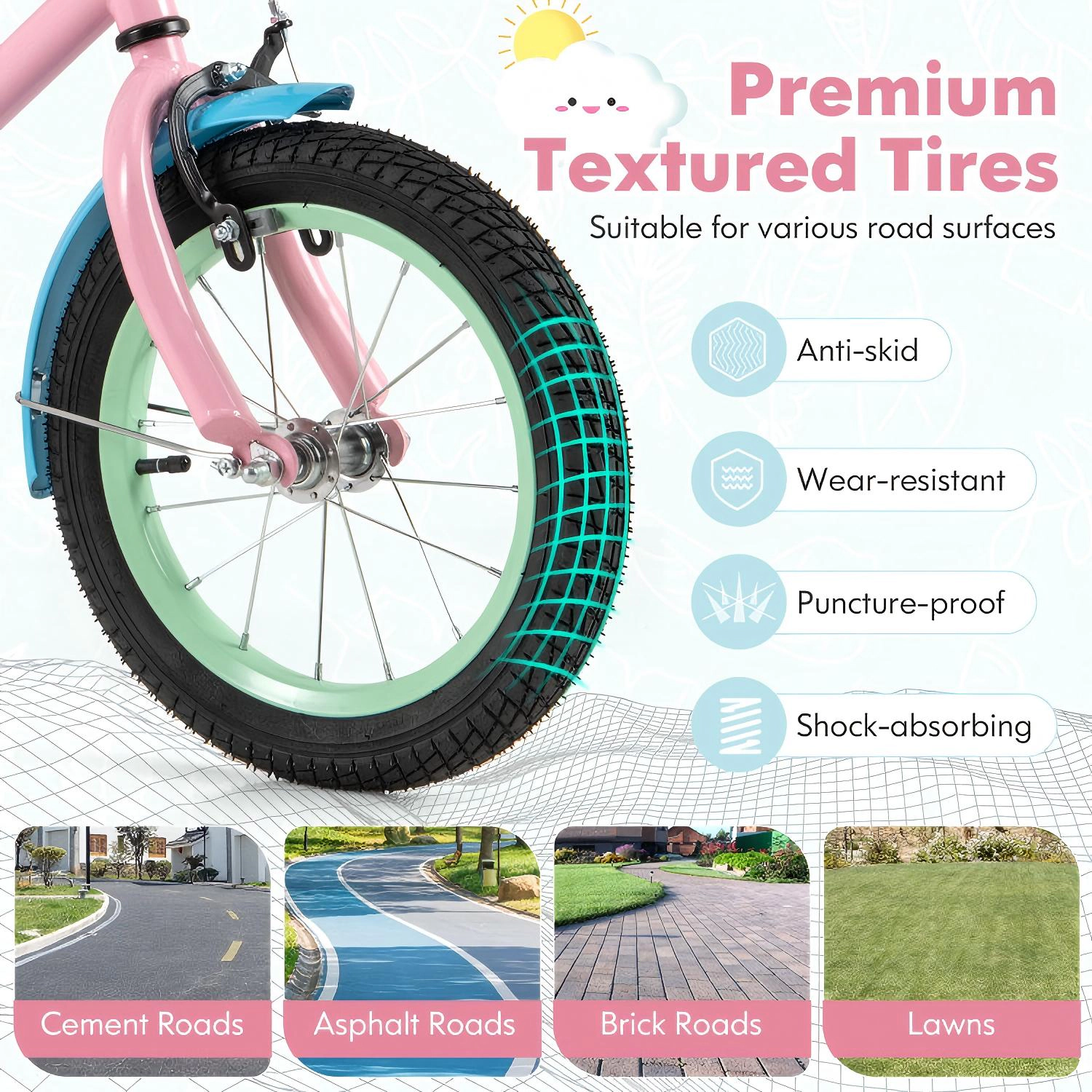 SUGIFT Adjustable Handlebar and Saddle Kids Bike 145-lb Capacity Ages 3-5 Years Pink Blue Green Yellow