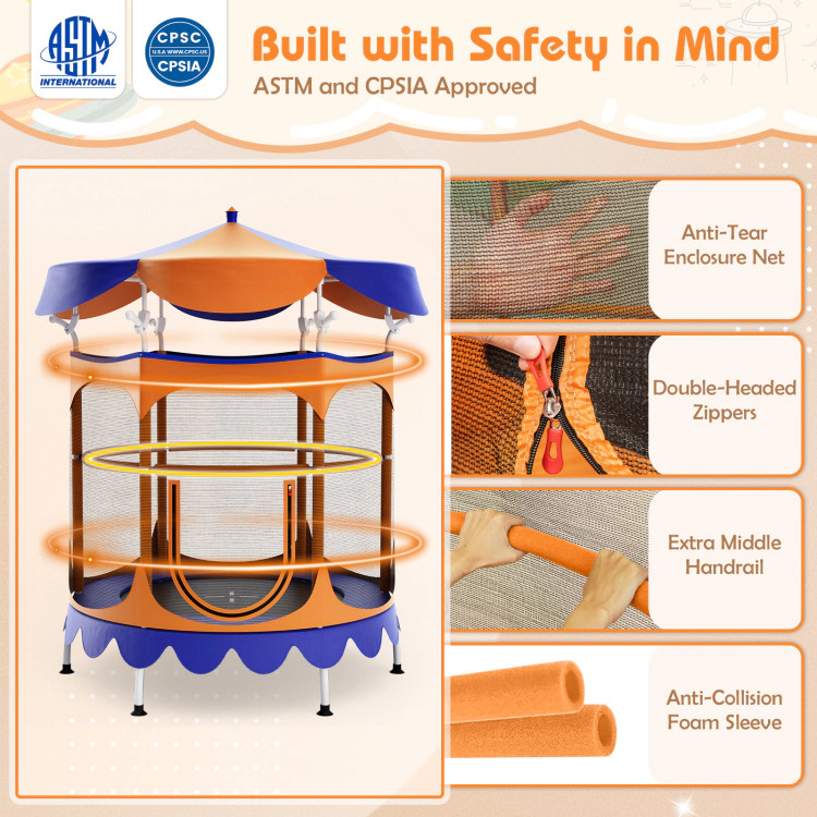 Hivvago 64 Inch Kids Trampoline with Detachable Canopy and Safety Enclosure Net