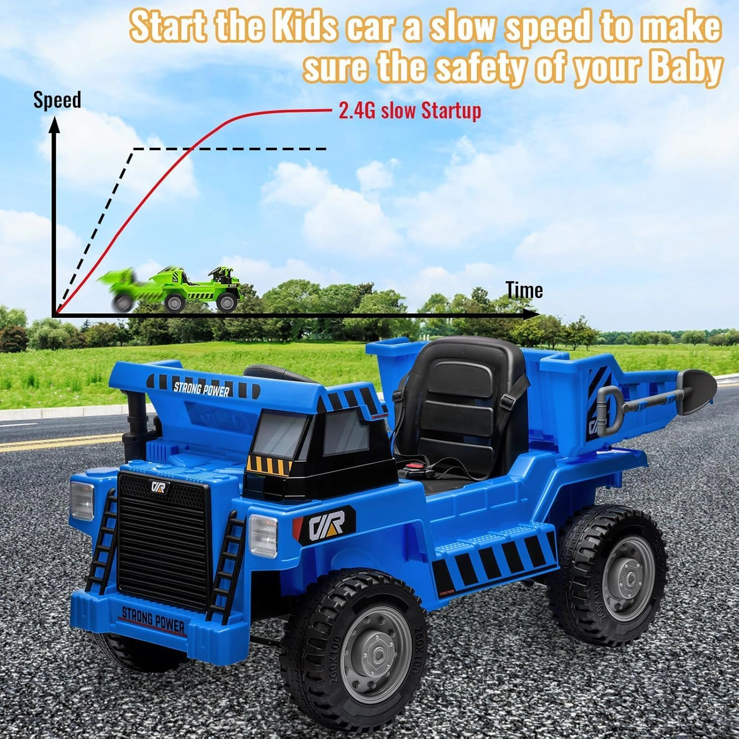 12V Kids Ride On Dump Truck, 4WD Electric Construction Vehicle w/Remote, Bed, Shovel, Music & Lights