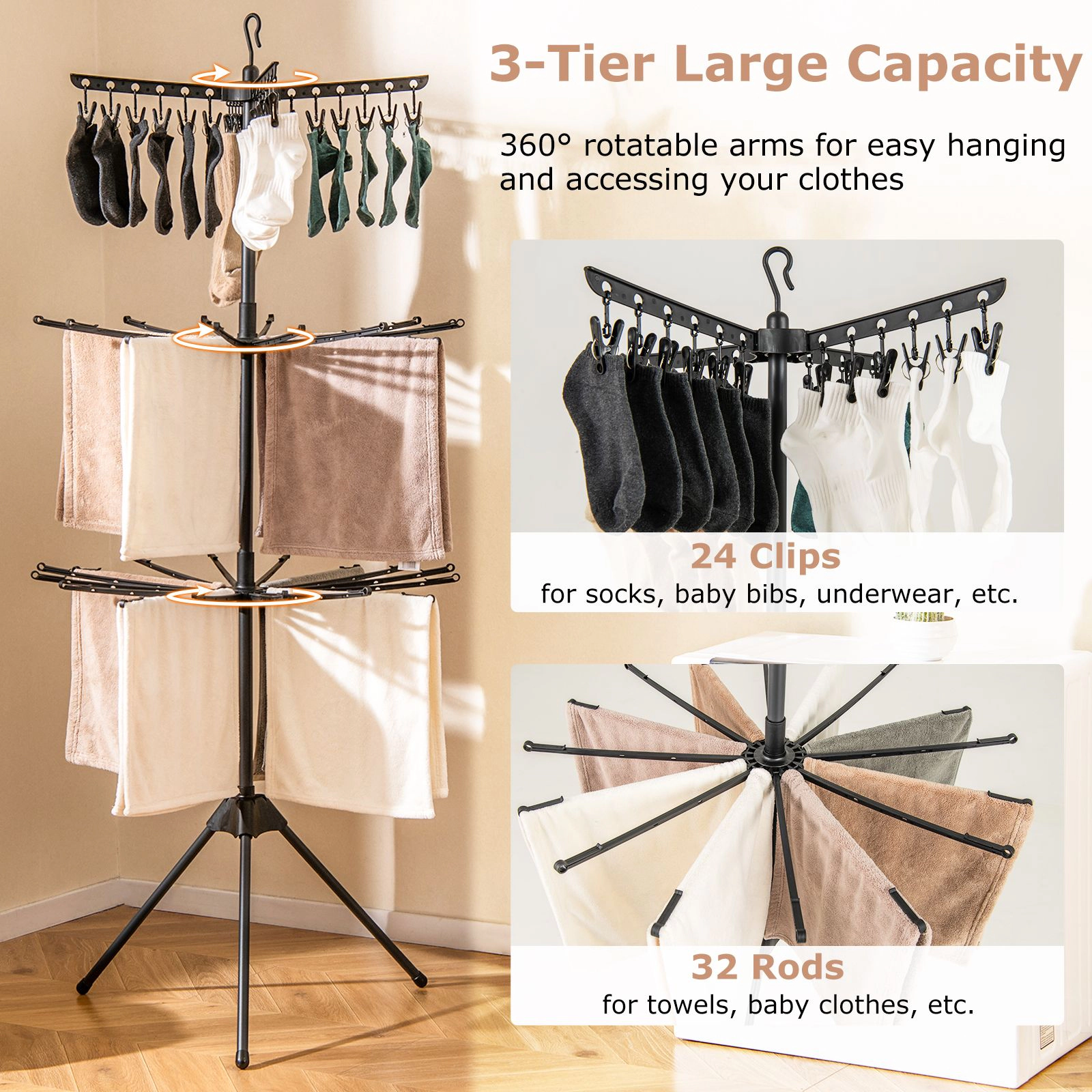 SlickBlue 70" 3 Tier Clothes Drying Rack with Clips and Rotating Arms