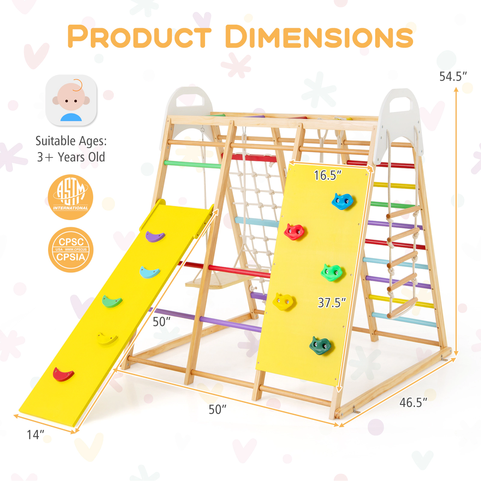 SUGIFT 8-in-1 Wooden Jungle Gym Playset with Slide and Monkey Bars 530-lb Capacity Ages 1+ Multicolor/Natural