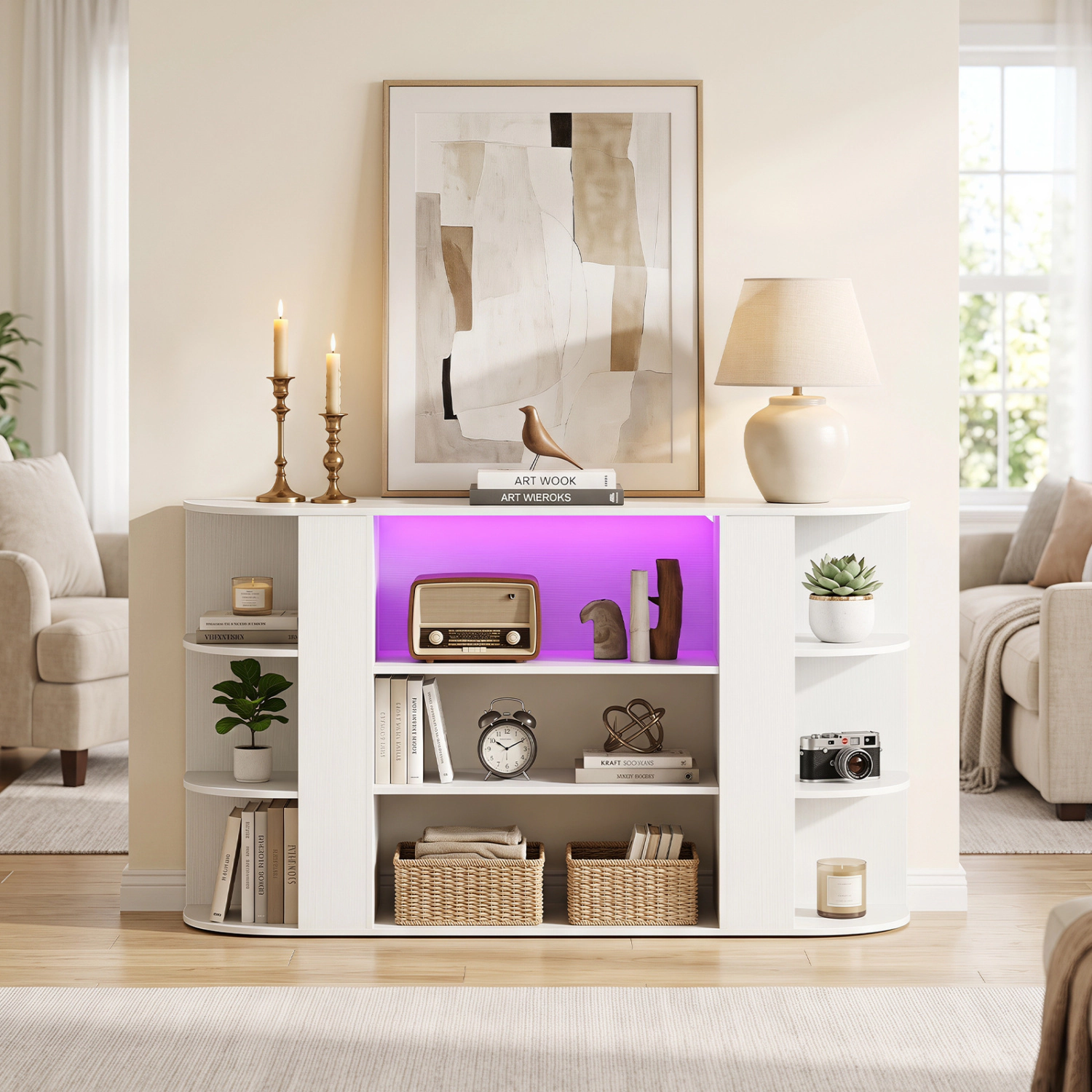 LJG 50 Inch TV Stand for 55 with RGB Lights Entertainment Center Adjustable and Removable Shelf