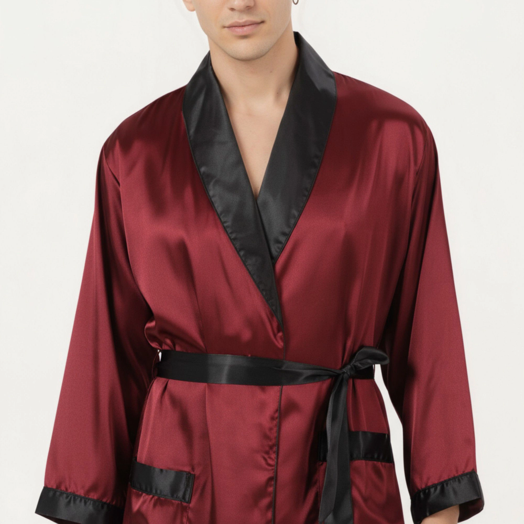 Anna-Kaci Men's Satin Robe with Contrast Shawl Collar Waist Tie and Front Pockets