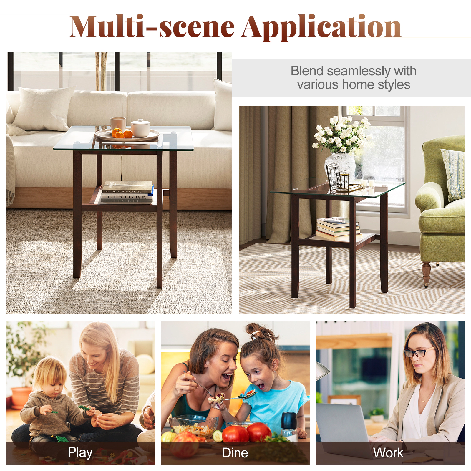 Glintex 24-Inch Square Tempered Glass Coffee Table with Rubber Wood Legs, Transparent