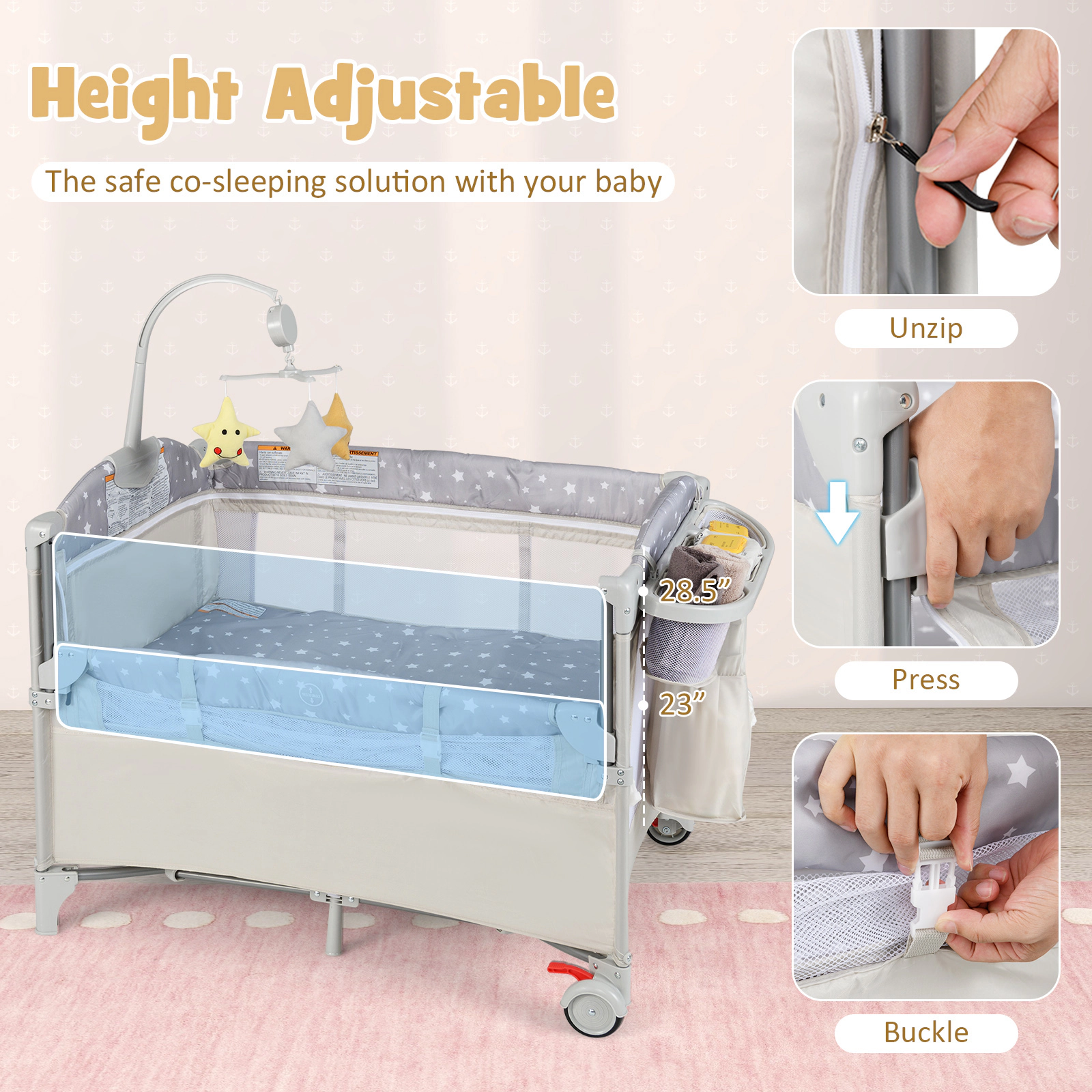 SlickBlue 5-in-1 Kids Bassinet Bedside Sleeper Crib with Changing Table