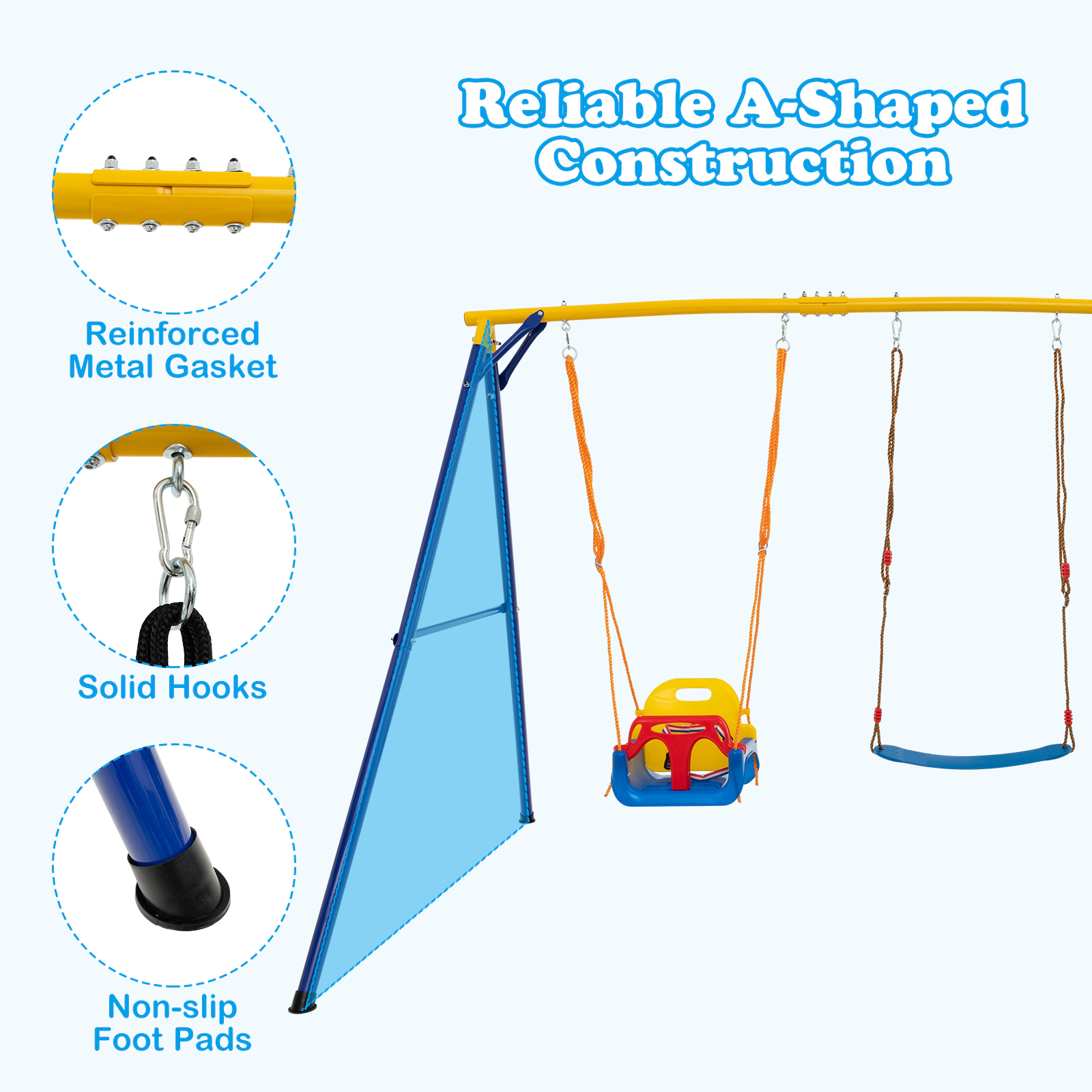 SUGIFT Kids Yellow Metal Swing Set with 3 Swings and Ground Stakes 11.5-ft W 6-ft D 6.4-ft H 660-lb Frame Capacity