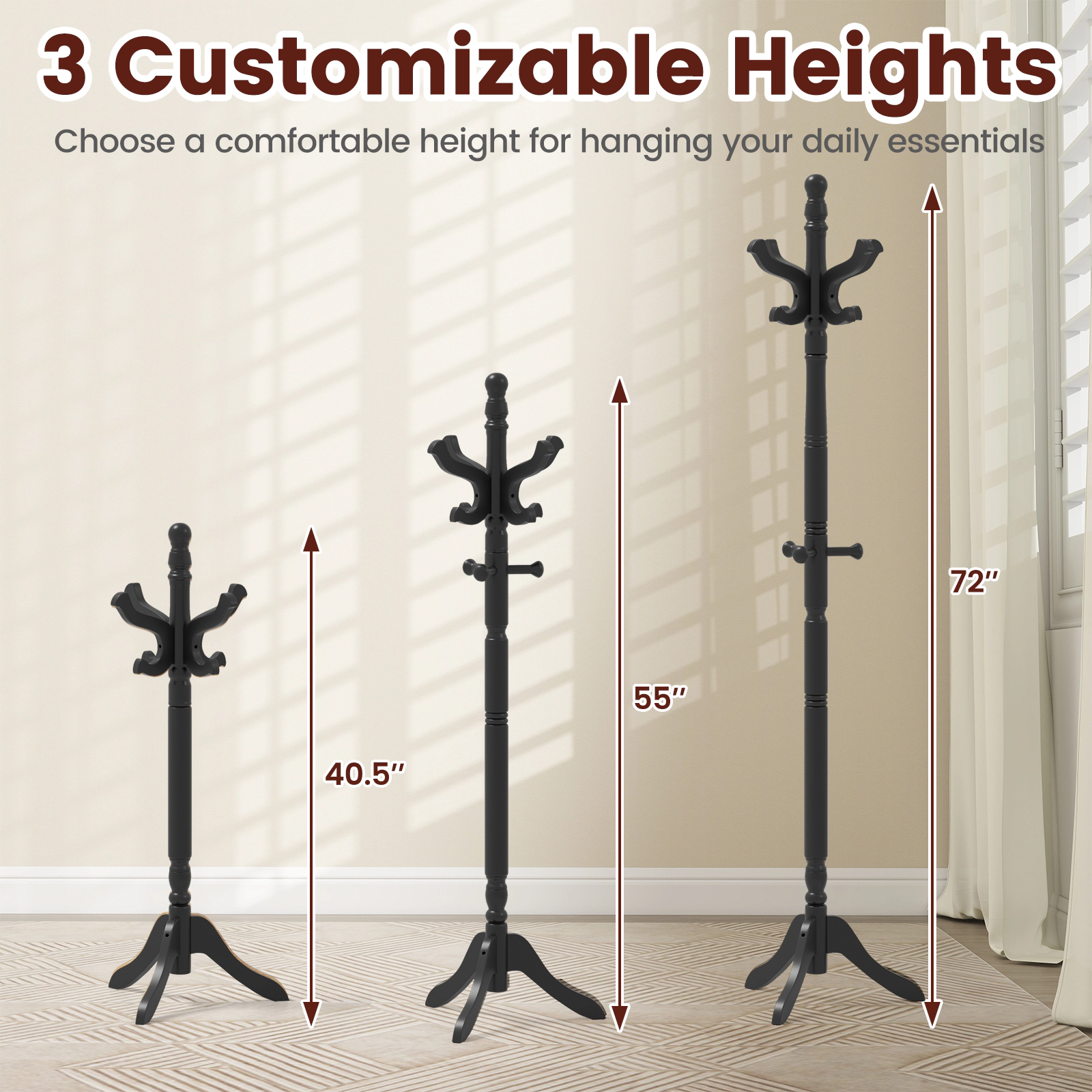 SUGIFT Solid Wood Hall Tree with 11 Hooks and 3 Height Options 72-in Tall 11-lb Capacity Per Hook Black
