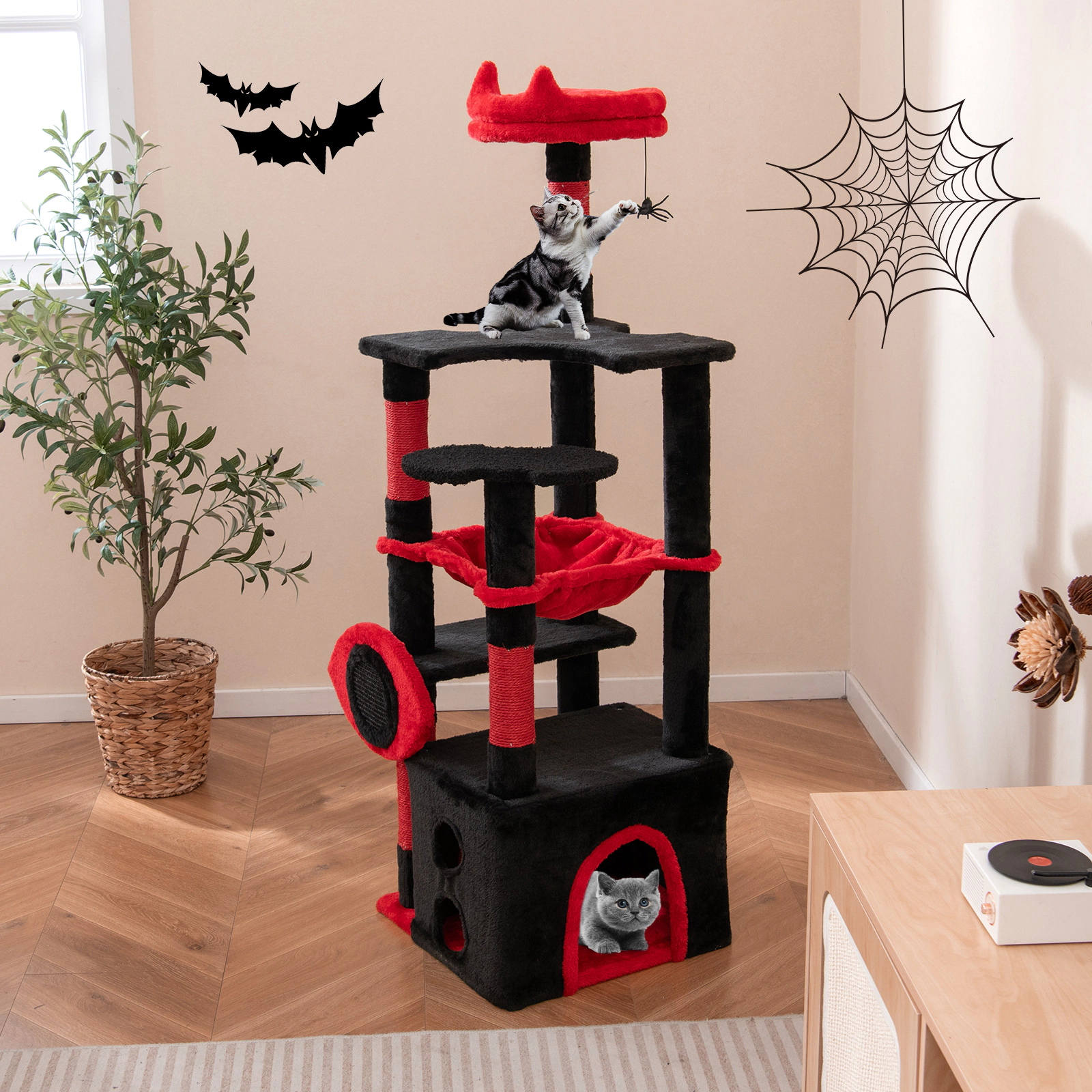 SUGIFT 52-in Gothic Cat Tree with Bat Platforms Devil Eye Scratching Board Sisal Posts and Hammock