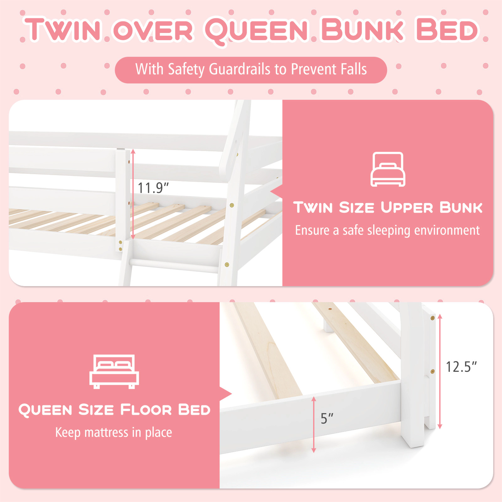 SUGIFT White Climbing Net Ramp and Guardrails Twin Over Queen Kids Bunk Bed