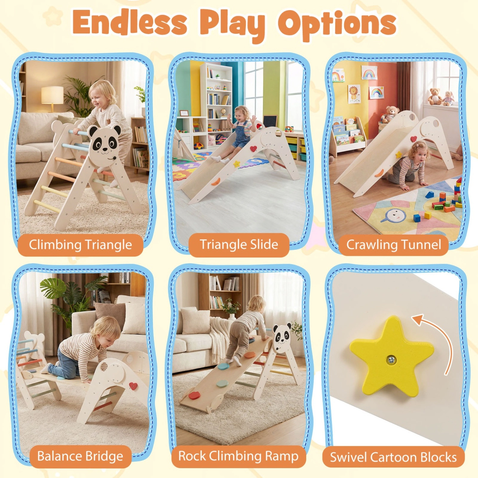 SUGIFT Foldable Montessori Triangle Climbing Set with Slide and Bridge 110-lb Capacity Ages 3+ White/Beige/Natural