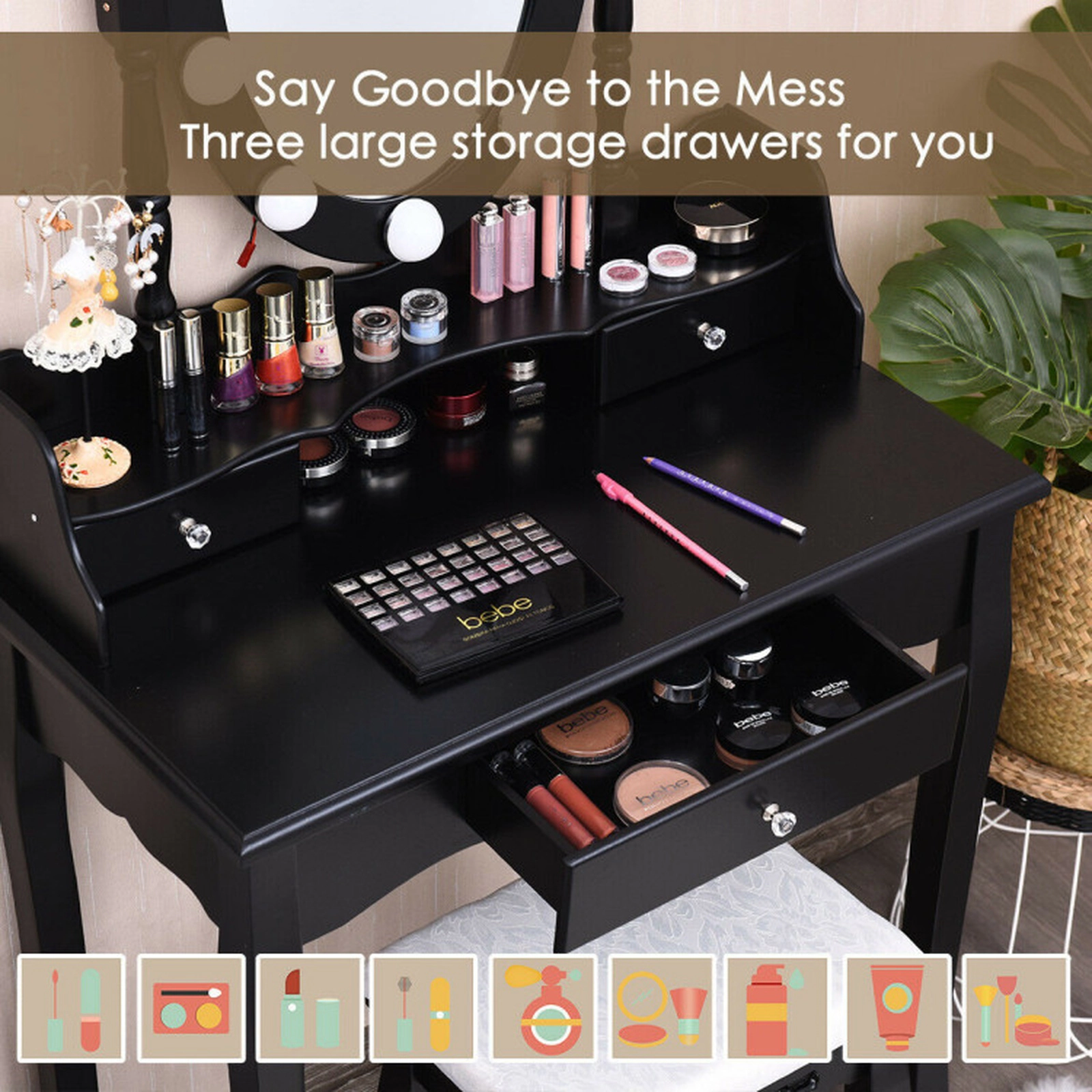 SUGIFT Oval Mirror Vanity Set with 10 LED Dimmable Bulbs and 3 Drawers 287-lb Table Capacity 250-lb Stool Capacity Black