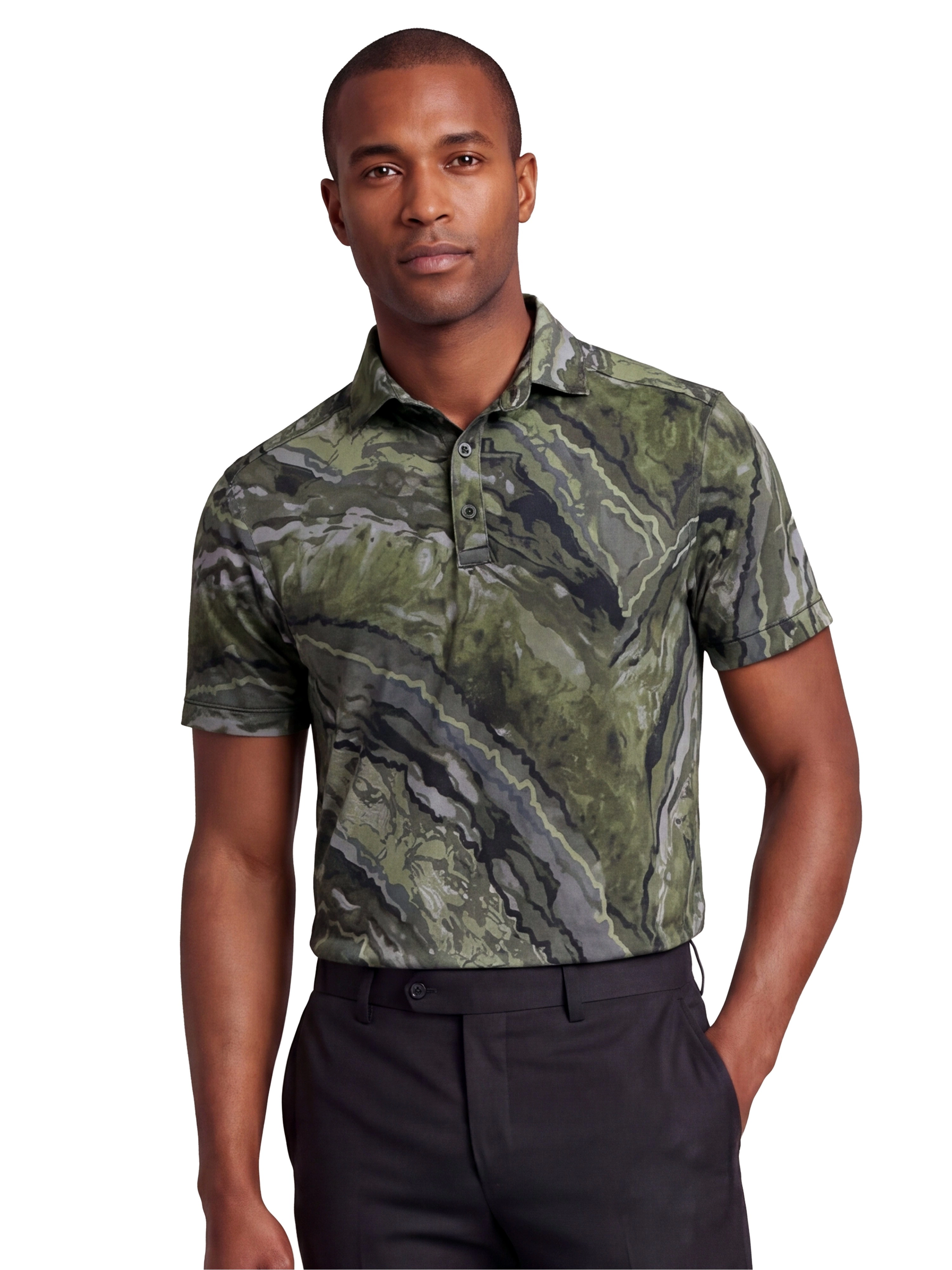 24sevenMen Wrinkle Resistant 3 Button Machine Washable Green Marble Polo Shirt