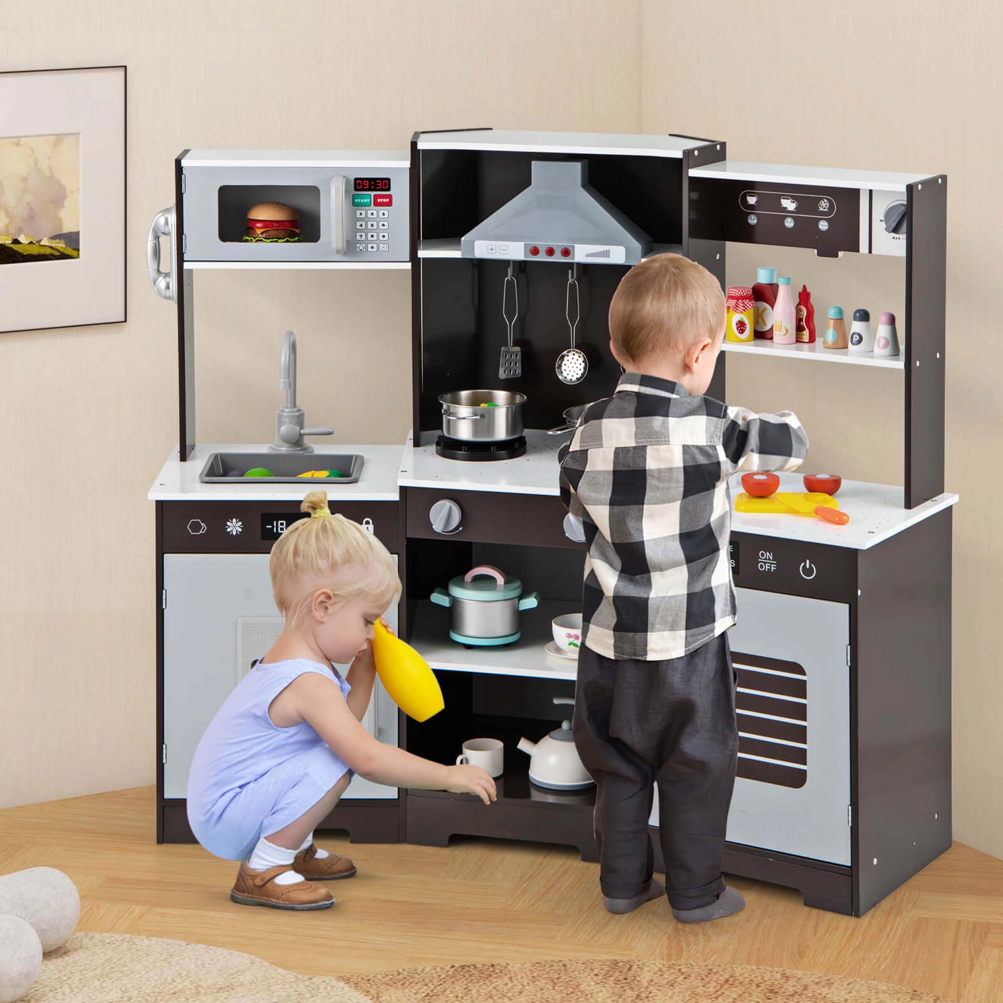 Costway Pretend Play Kitchen for Kids Toddler Aged 3+ Wooden Toy Set with Range Hood Brown