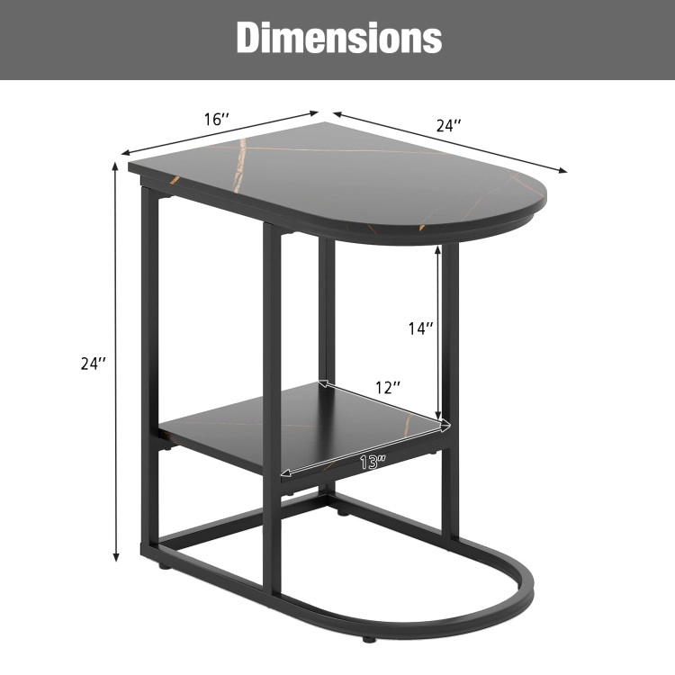 Hivvago Modern C-Frame Side Table with Imitation Marble Top and Lower Storage Shelf