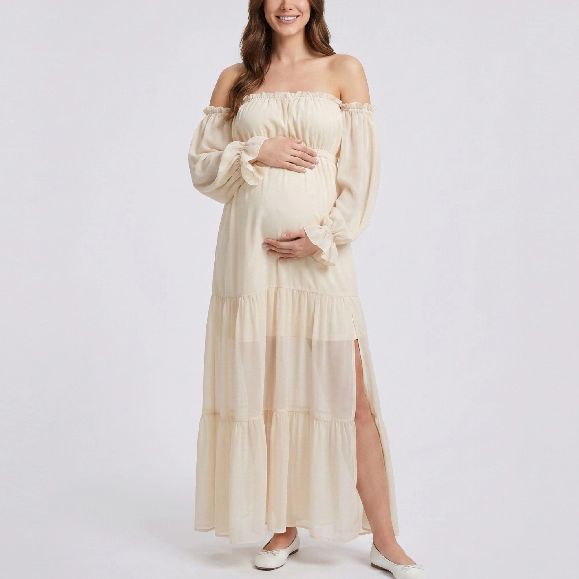 Anna-Kaci Women's Off Shoulder Sheer Long Sleeve Tiered Skirt Maternity Maxi Dress