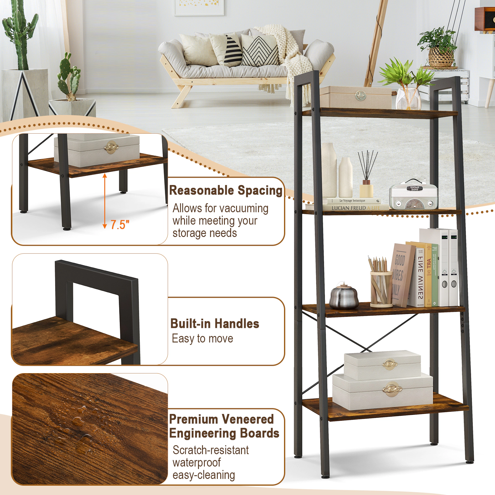 SUGIFT 4-Tier 200-lb Capacity 54.5-in Industrial Bookshelf with Powder-Coated Metal Frame and Adjustable Feet