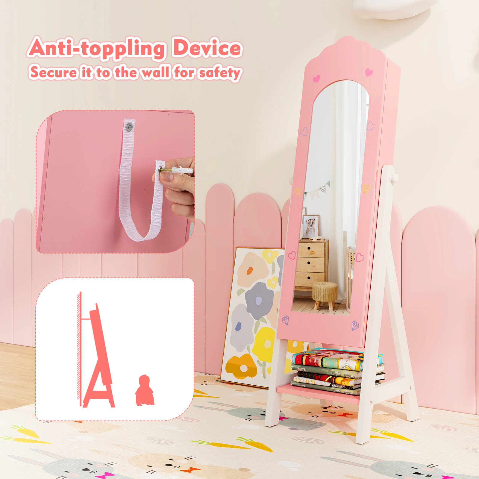 SUGIFT Pink Full Length Mirror Drawer and Open Storage Shelves Kids Jewelry Organizer