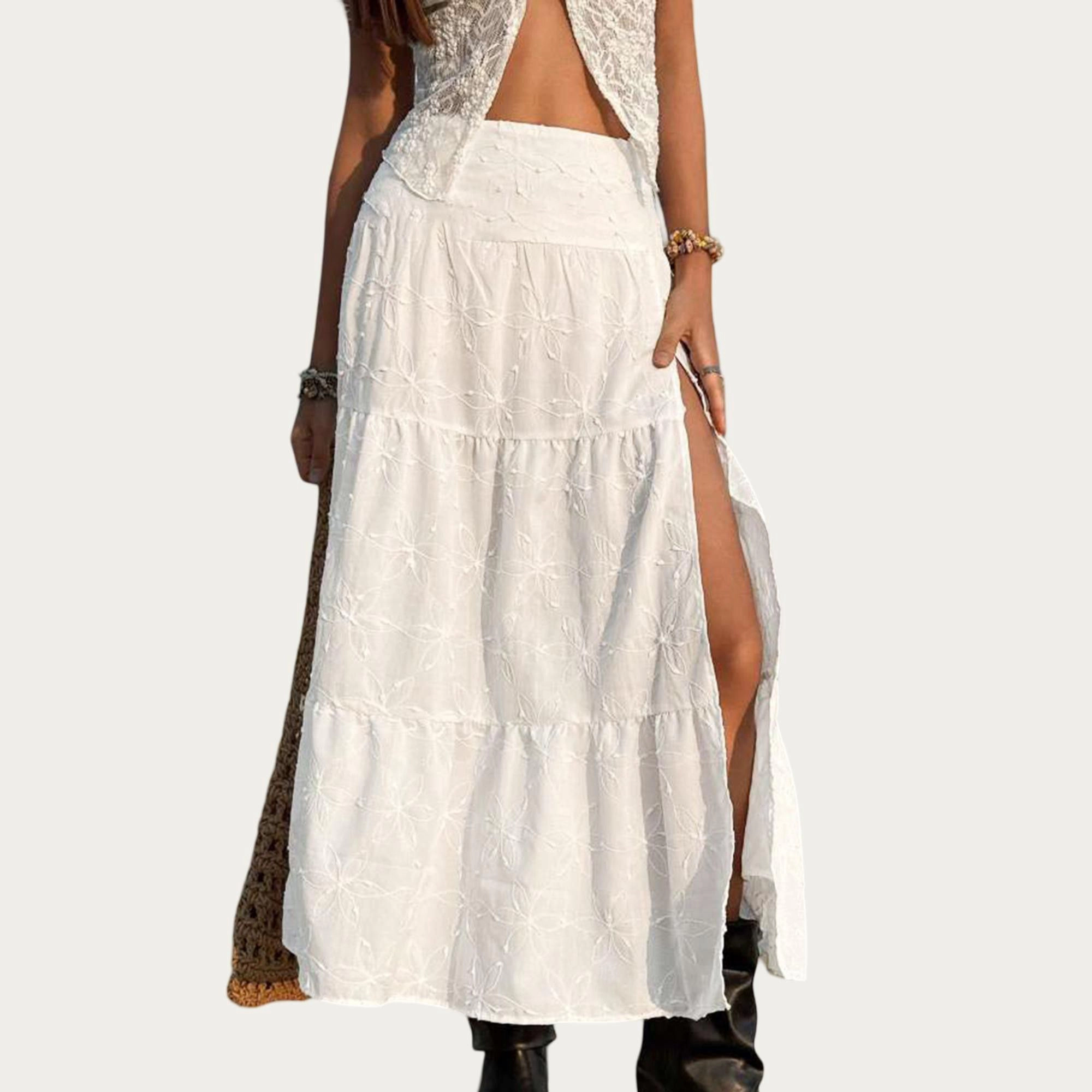 Anna-Kaci Women's Embroidered Floral Tiered Side Slit Maxi Skirt