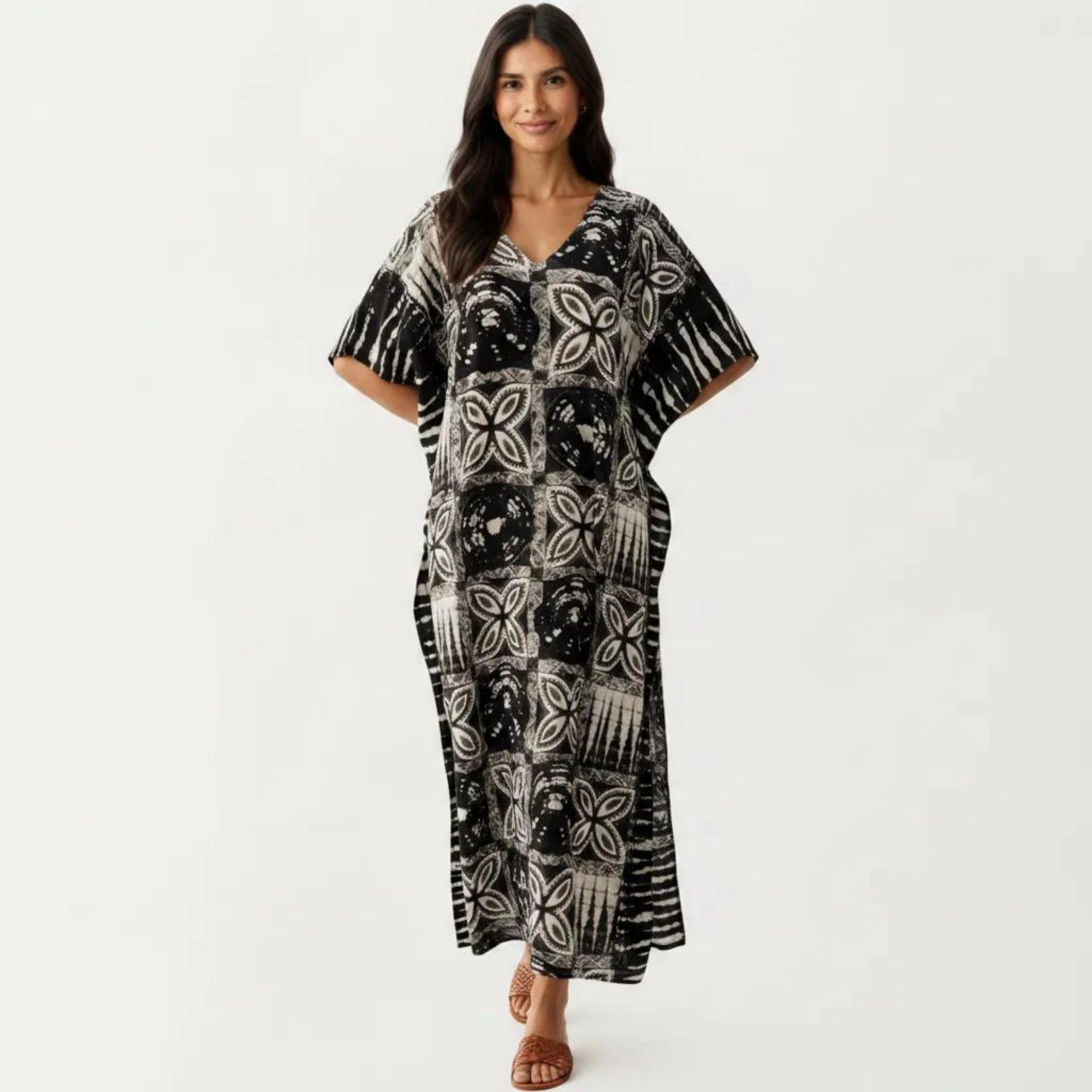 Anna-Kaci Women's Geometric Print Maxi Caftan Dress with V-Neckline Relaxed Fit and Draped Silhouette