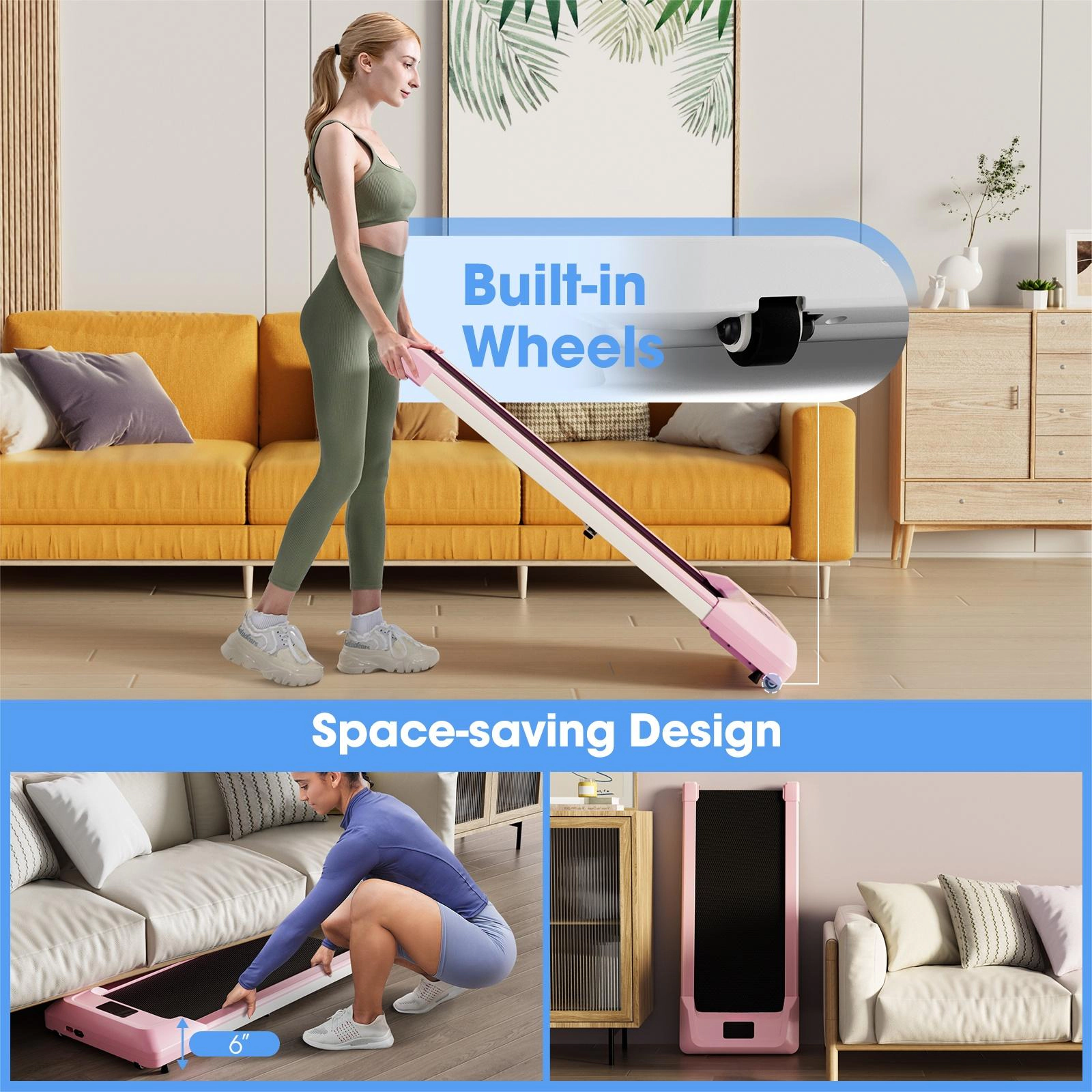 SUGIFT Pink 2.25-HP 265-lb Capacity 6-in Slim Incline Walking Pad with LED Display and Remote Control