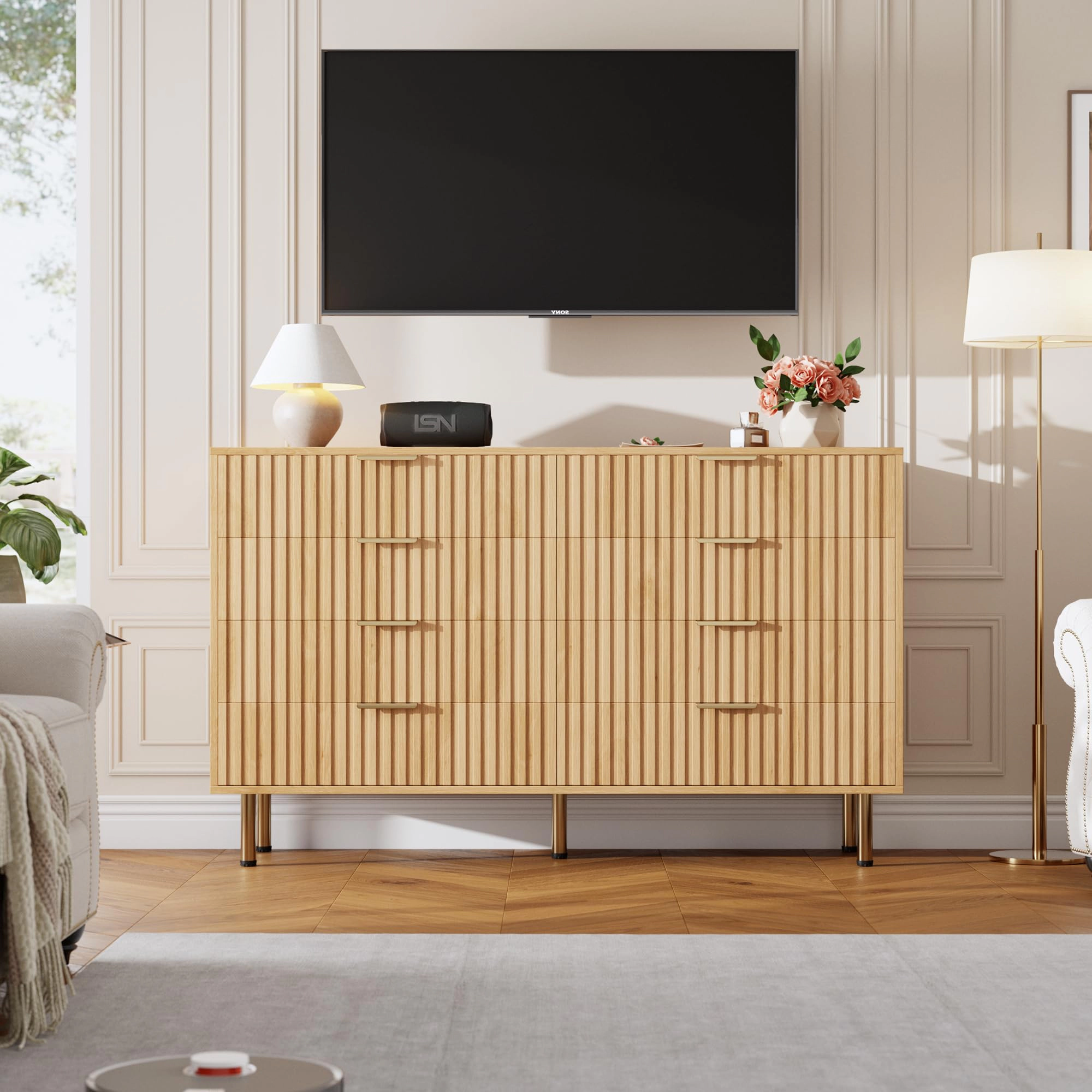 Fluted 8 Drawer Modern Dresser, 55" Wide Wooden Storage Organizer for Bedroom Living Room Hallway