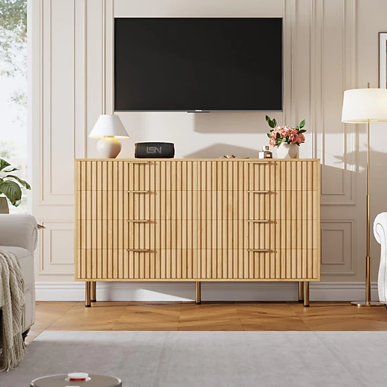 Fluted 8 Drawer Modern Dresser, 55" Wide Wooden Storage Organizer for Bedroom Living Room Hallway