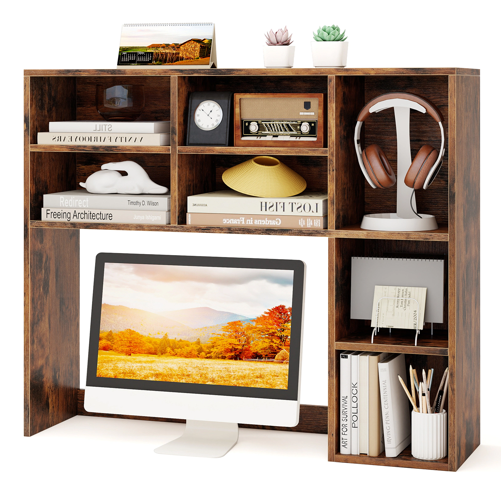SUGIFT Brown Desktop Bookshelf Desk Hutch with 7 Open Cubbies and 3 Adjustable Shelves for 27-in Monitor