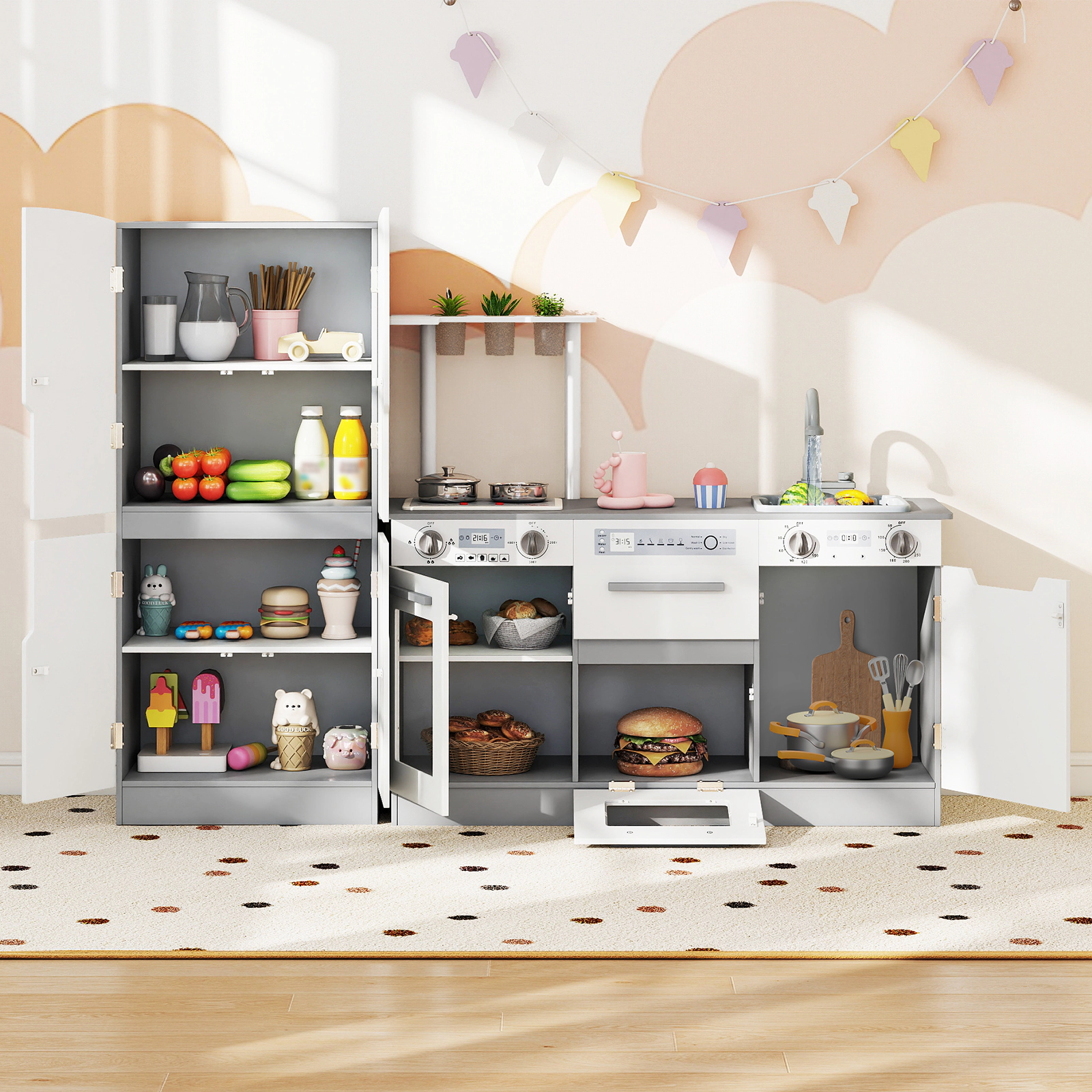 Wooden 2-pc Kids Kitchen Playset Fridge Running Water Lights and Sounds 3 Planting Pots 35.5-in Ages 3+ Gray