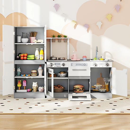 Wooden 2-pc Kids Kitchen Playset Fridge Running Water Lights and Sounds 3 Planting Pots 35.5-in Ages 3+ Gray