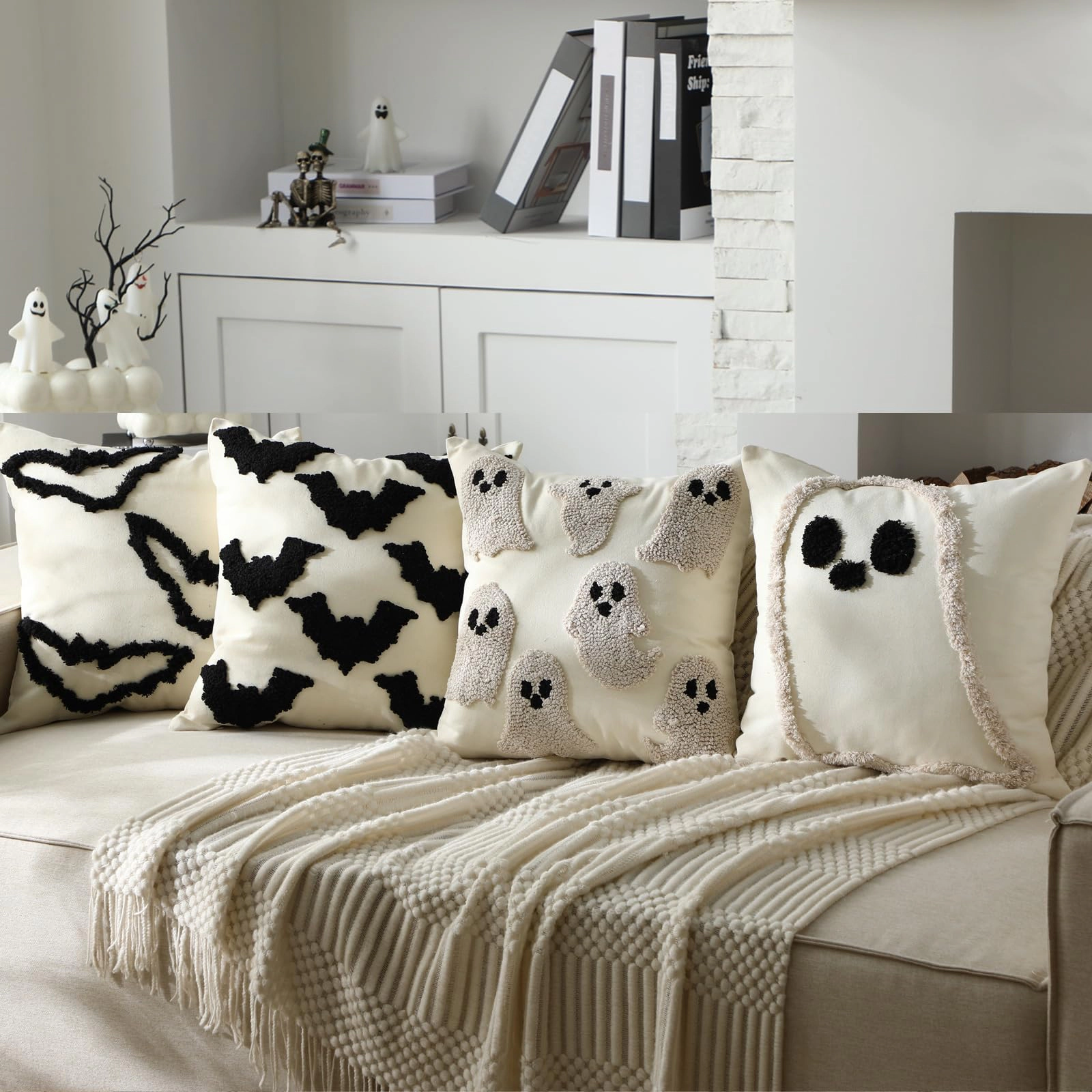 WZK Chenille Ghost Bat Embroidery Invisible Zip Halloween Throw Pillow Covers