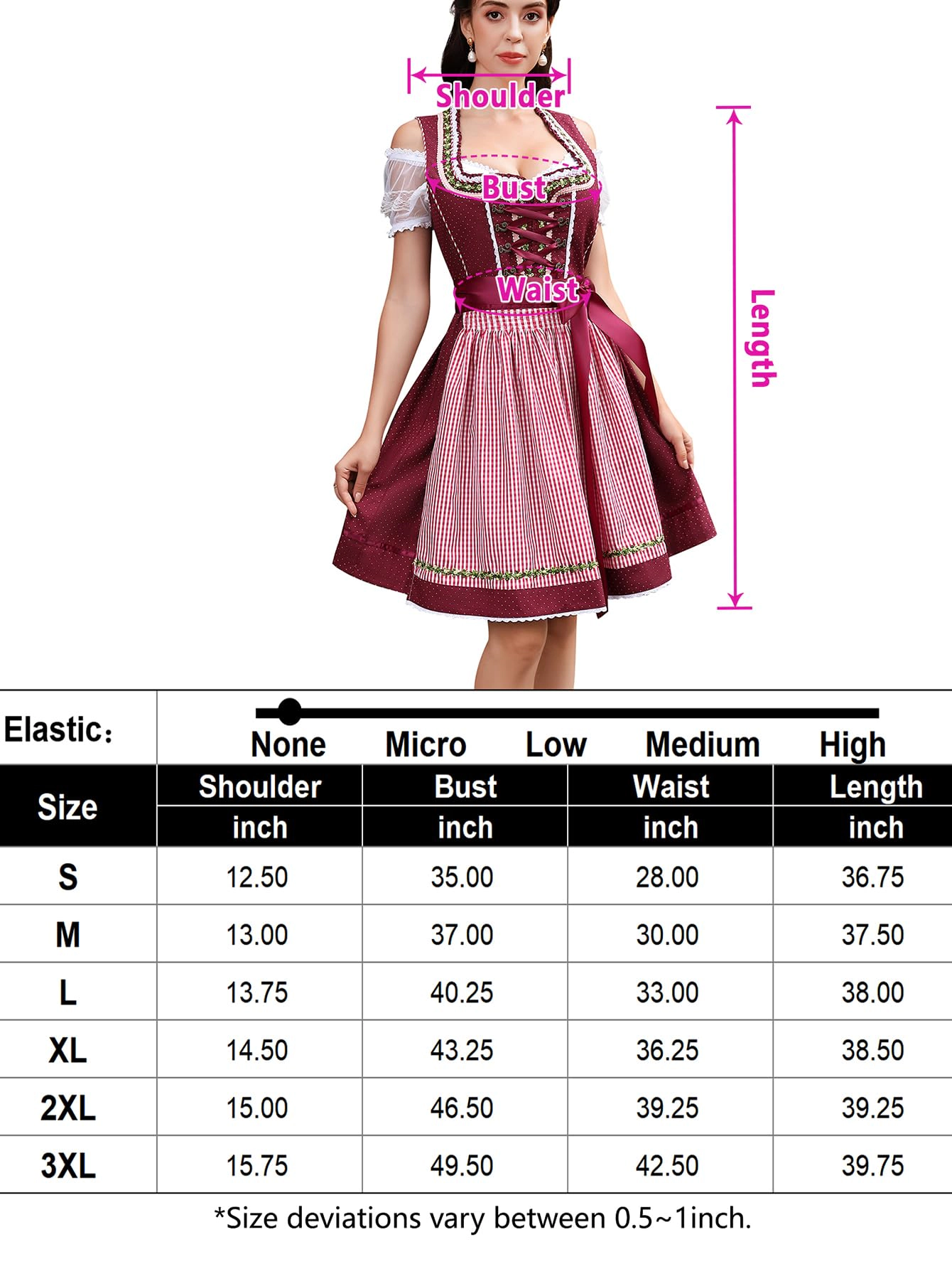 KOJOOIN Women's Bavarian Oktoberfest Costume 3 Piece Dirndl Dresses German Beer Outfit for Carnival