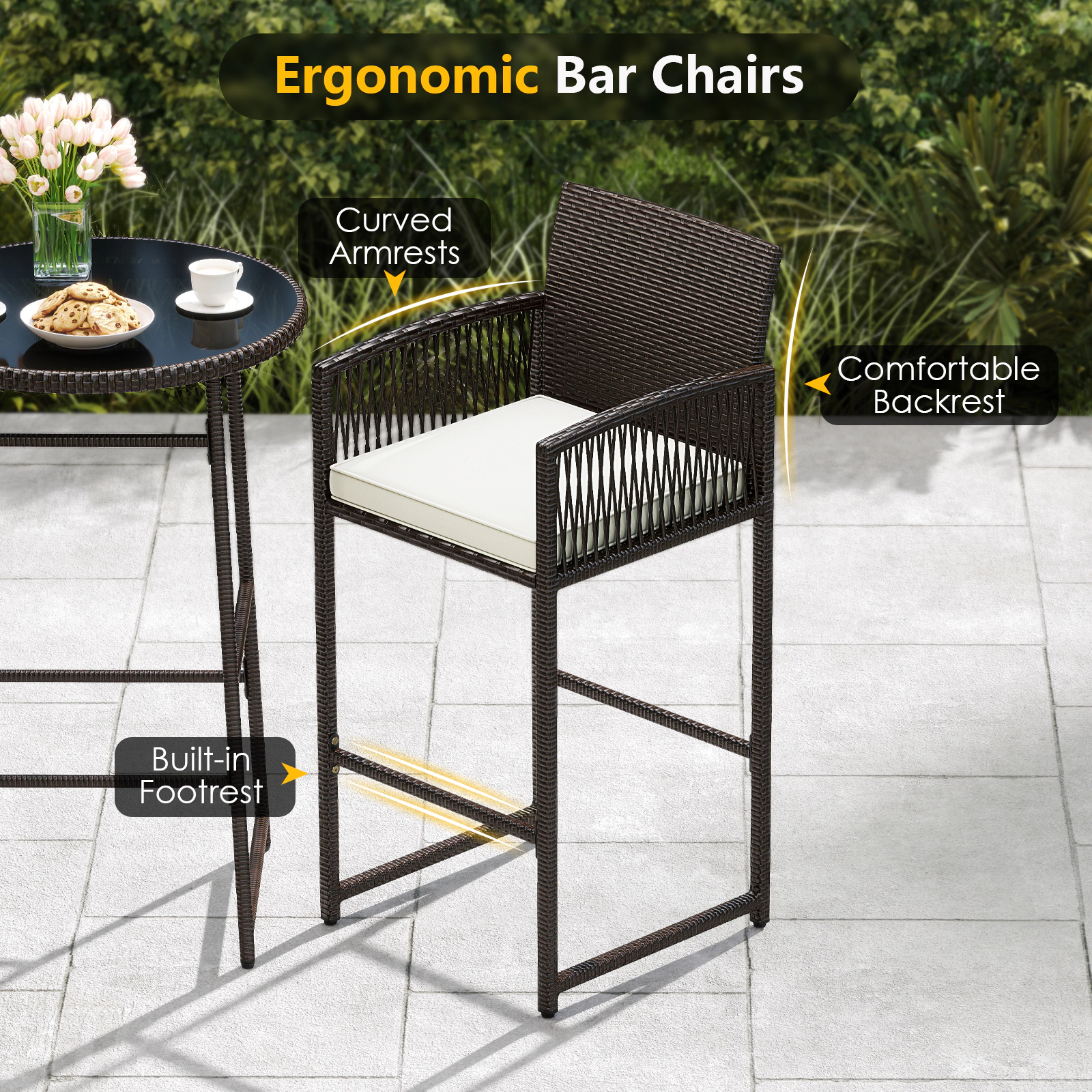 SUGIFT Patio Bar Set with Bar-Height Table and Armchairs 400-lb Chair Capacity Mix Brown Rattan Off White Cushions
