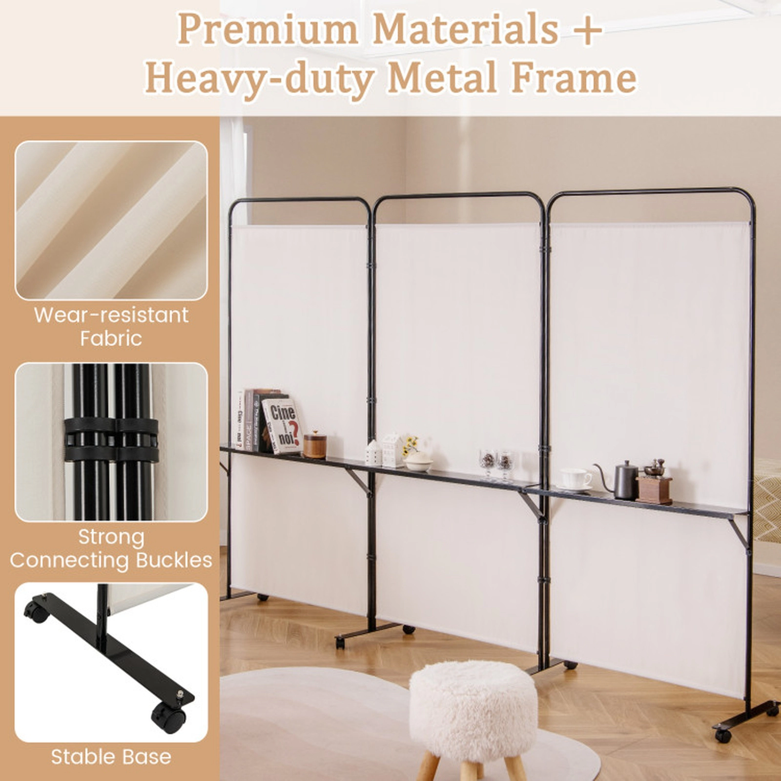 SUGIFT 3-Panel Folding 3 Metal Shelves Room Divider Screen 103-in x 18-in x 74-in 8 Lockable Wheels Beige
