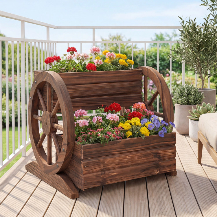 Hivvago 2-Tier Raised Garden Bed Rustic Wood Wagon Shape with Drainage Holes and Wheels