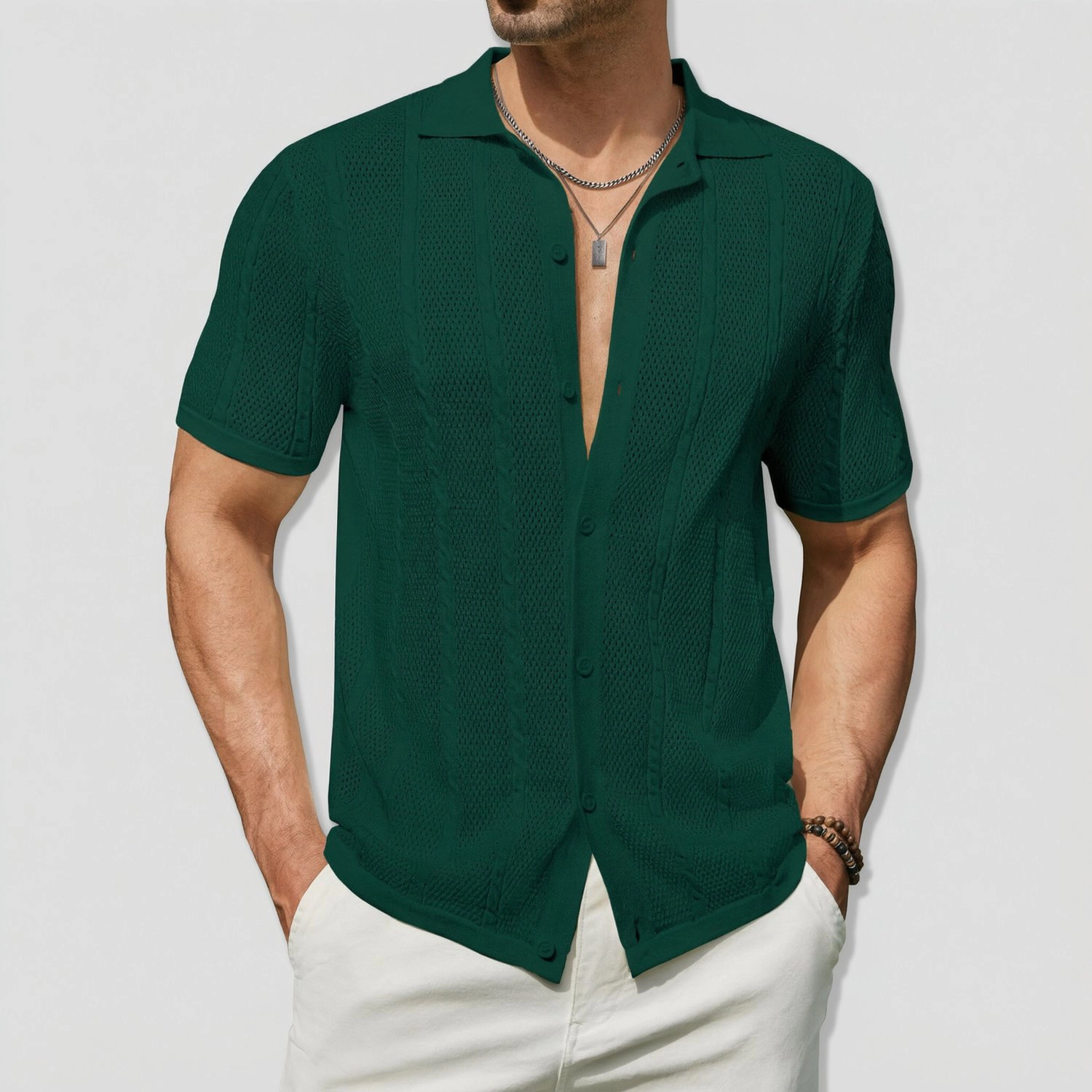 COOFANDY Mens Short Sleeve Shirts  V Neck Button Down Cable Knit Casual Tops
