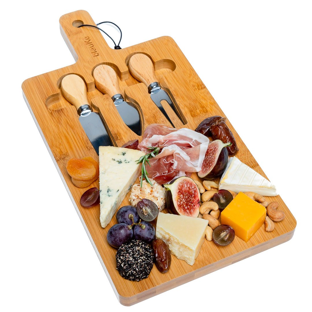 Bamboo Cheese Board and Knife Set - 12x8 inch Charcuterie Board with Magnetic Cutlery Storage - Wood Serving Tray