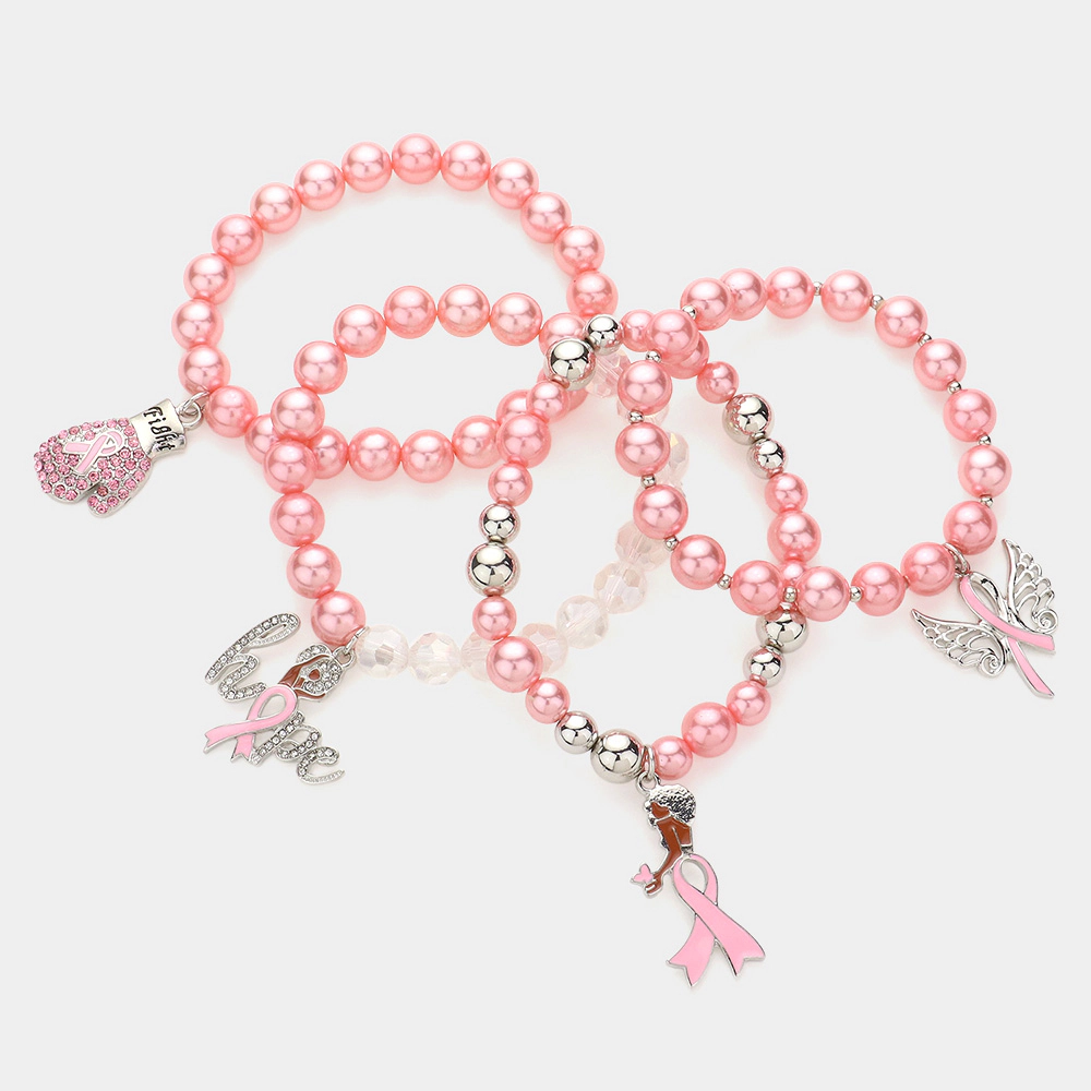 FASHNZFAB 4PCS - Pink Ribbon Pointed Glove Afro Girl Angel Pearl Stretch Bracelets