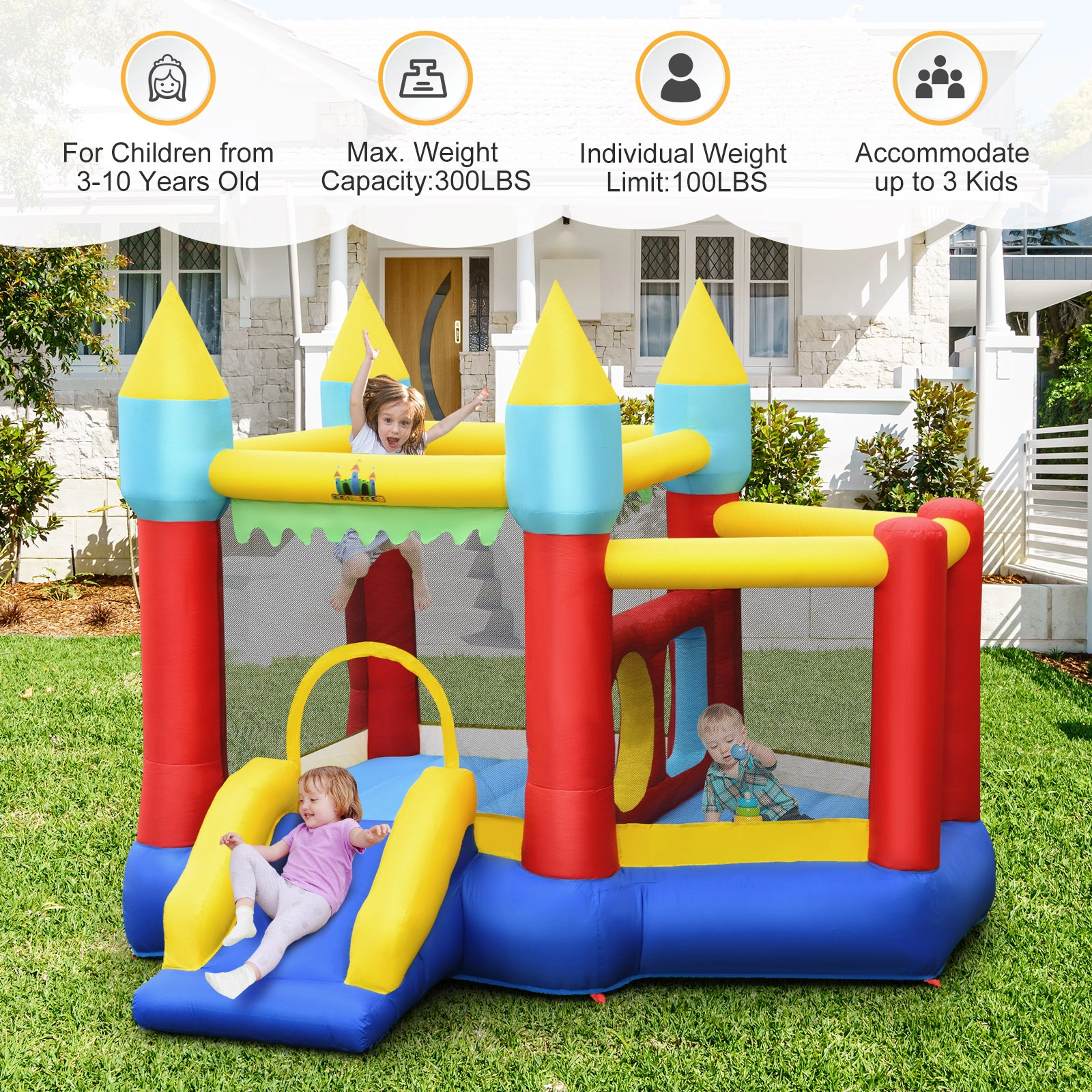 Kids Inflatable Bouncer with Jumping Area 100 Ocean Balls Basketball and 480W Blower for 3 Kids 300-lb Capacity Bounce