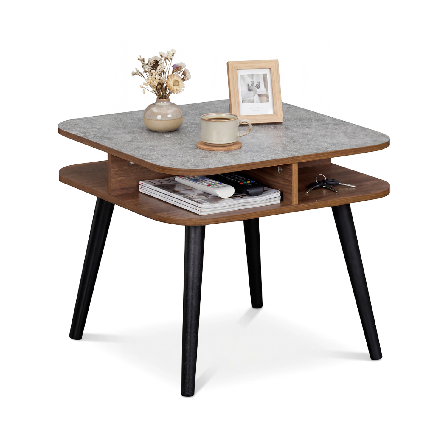 Glintex Faux Marble Side Table with 4-Sided Shelving and Rubber Wood Legs, Gray