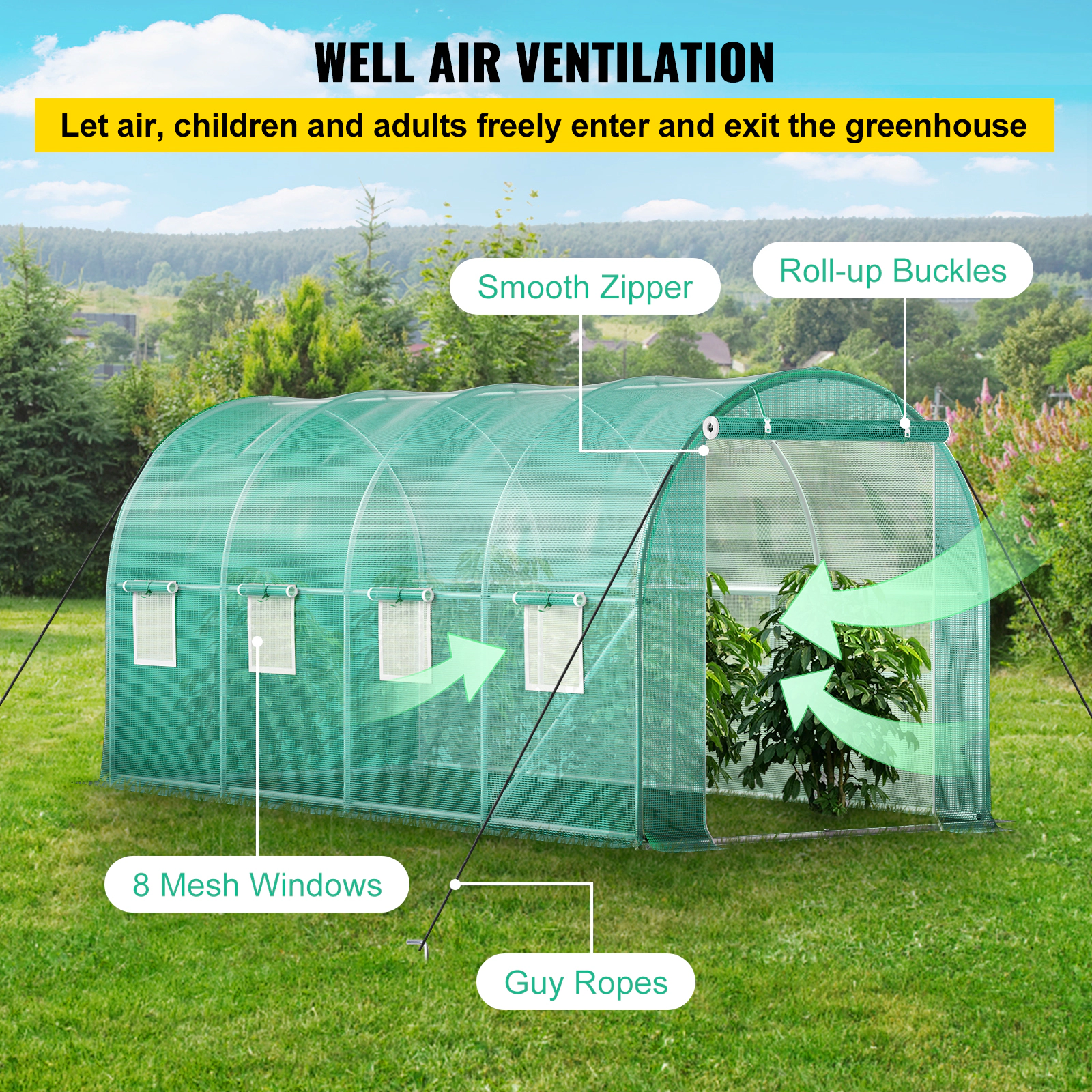 HONGGE Walk-In Tunnel Greenhouse, 15 x 7 x 7 ft, Galvanized Steel Hoop House with 8 Mesh Windows, Green