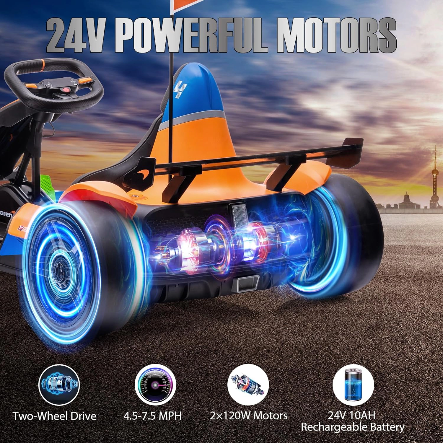 24V McLaren Licensed Kids Electric Go Kart, Drift Racing Go-Kart w/Drift Race Pedal, 2 Speeds, LED, Music, 400W Motor
