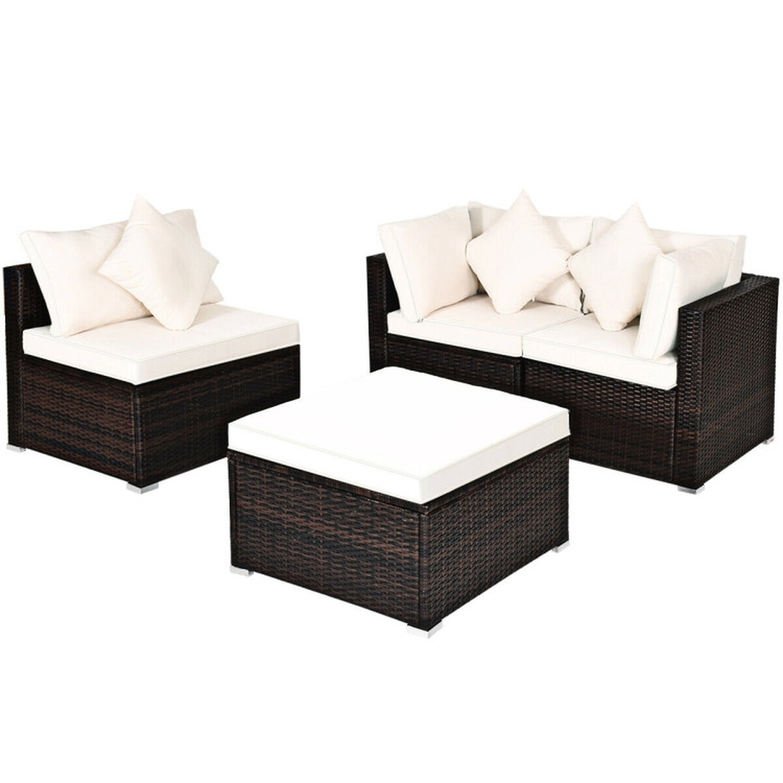 SUGIFT 4-Piece White Wicker Outdoor Patio Sectional Set with Ottoman