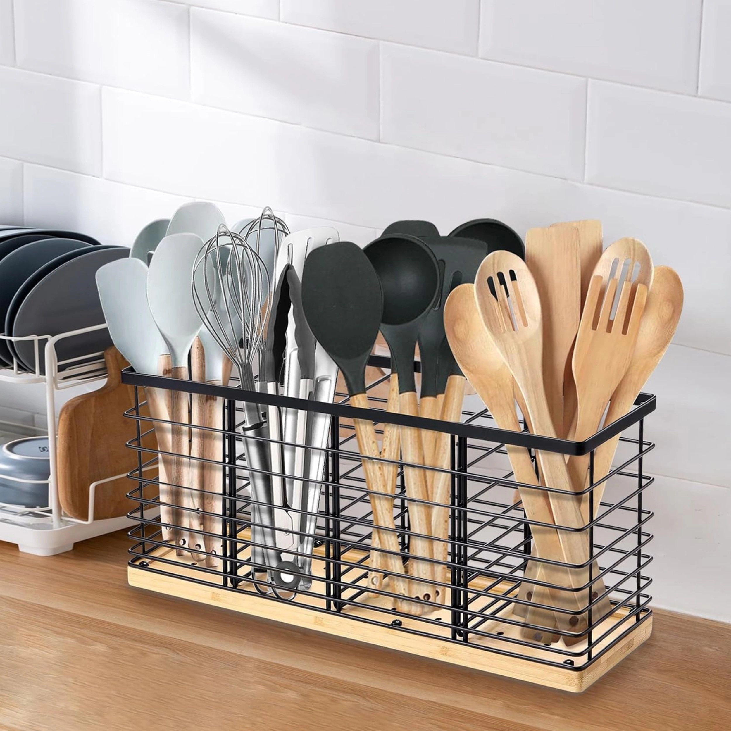 Stock Preferred Extra Large Metal Kitchen Utensil Holder with Wooden Base and Divider