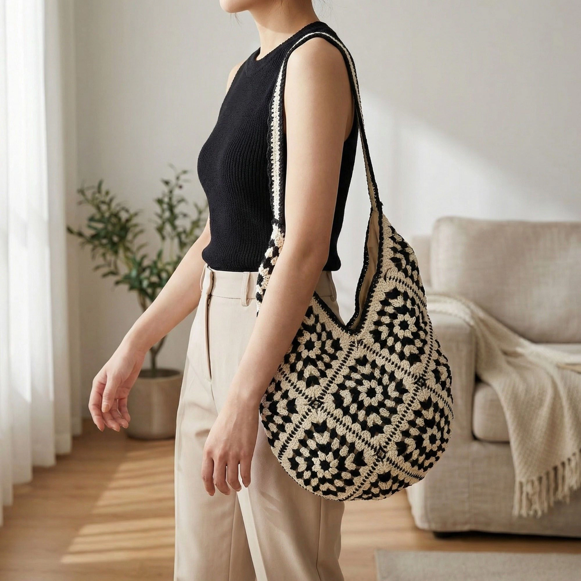 Alilang Women's Crochet Shoulder Bag with Open Knit Pattern Slouchy Hobo Silhouette and Wide Strap 15.3x12.2x0.8in