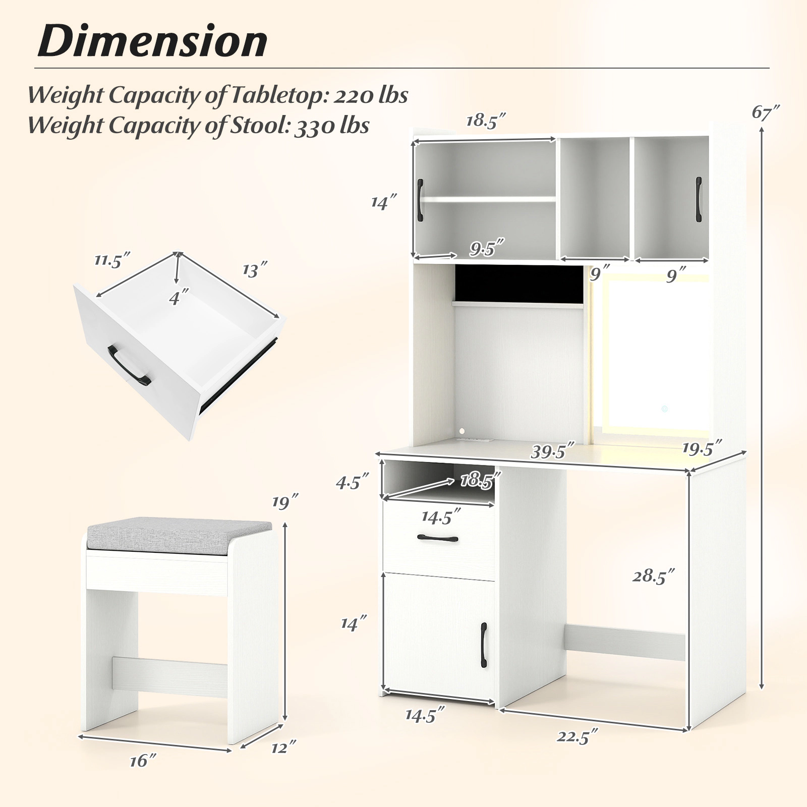 SUGIFT 67-in White Vanity Set with Lighted Mirror, Sliding Frosted Doors and 77 Ring Slots