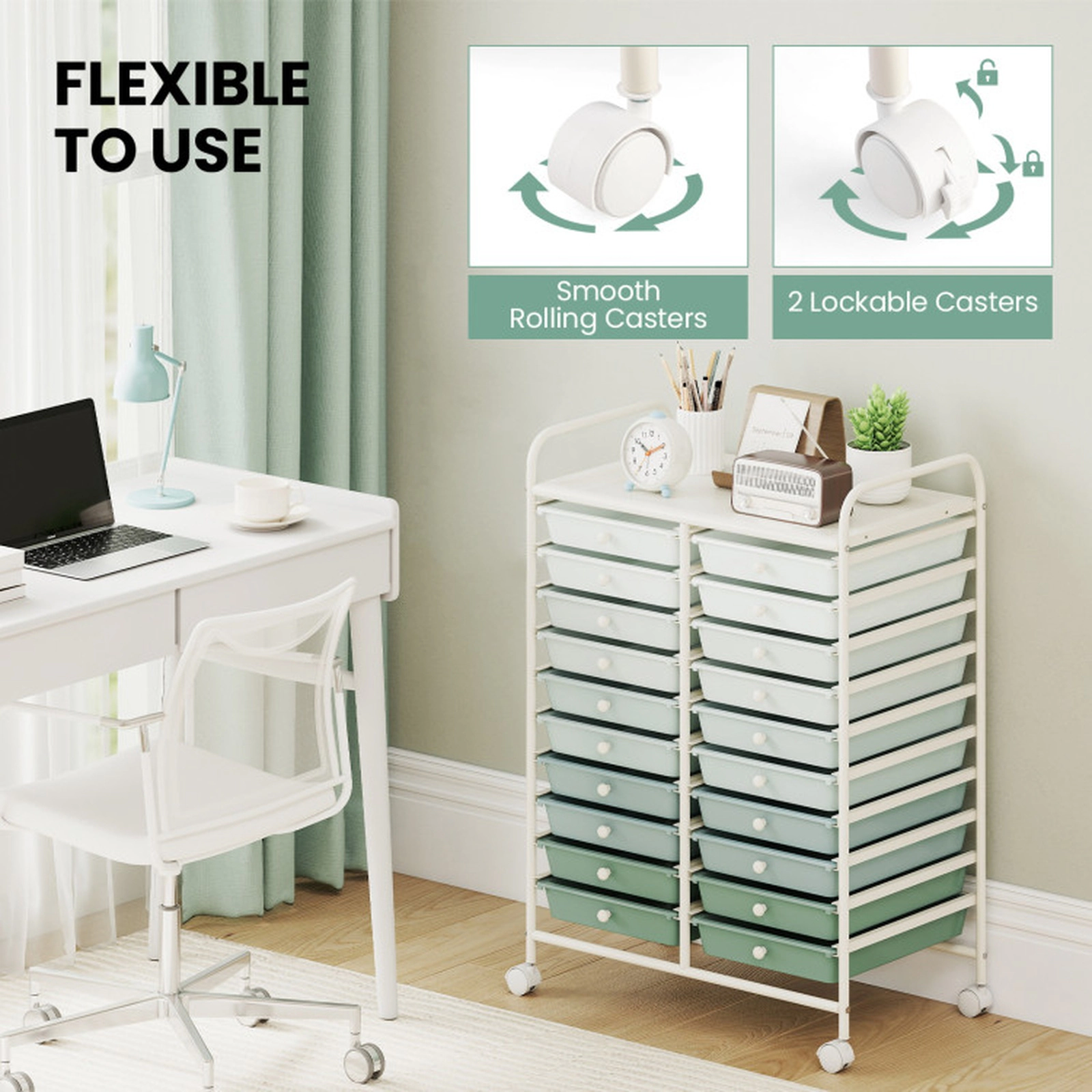 SUGIFT 20-Drawer 25 x 15 x 34-in White Frame Rolling Storage Cart Organizer with 4 Wheels and 2 Handles