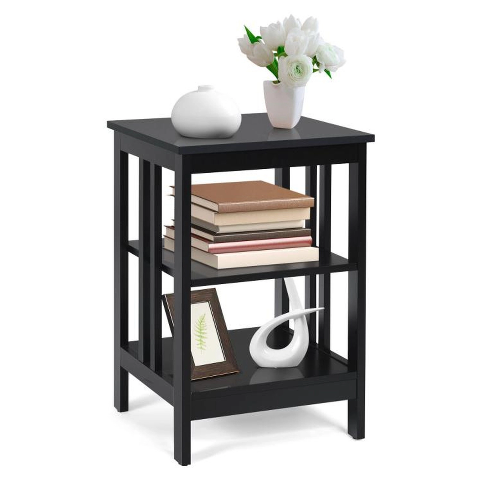 SUGIFT 16 in Nightstand Black 3-Tier Side Table with Baffles and Rounded Corners