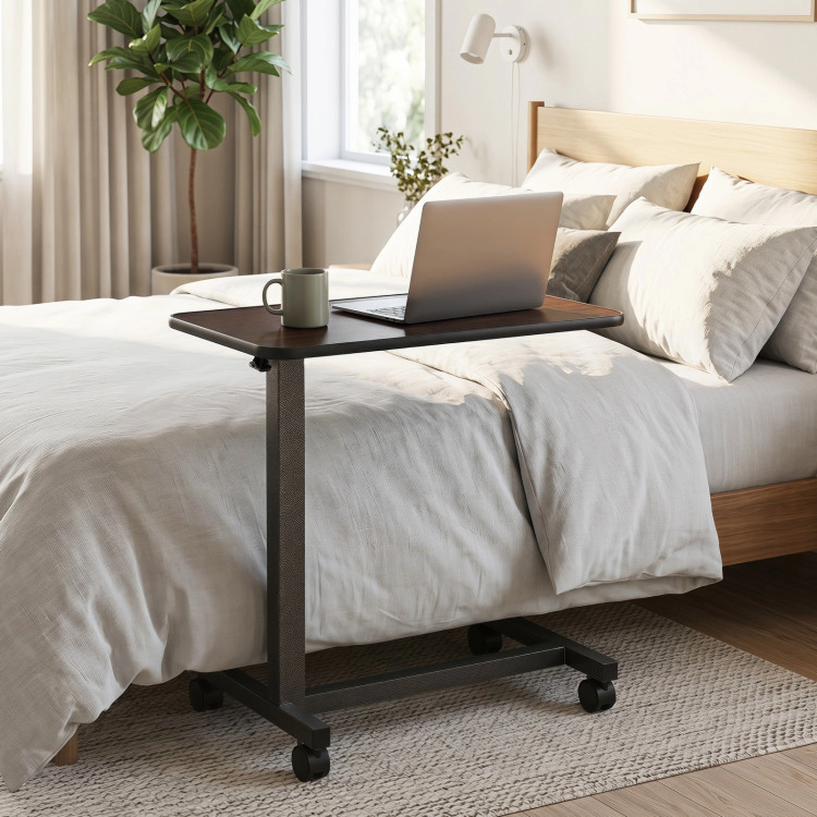 SUGIFT Locking Wheels H-Shaped Base Overbed Laptop Desk 28-in x 15-in 29-in to 42.5-in Height 155-lb Capacity Walnut